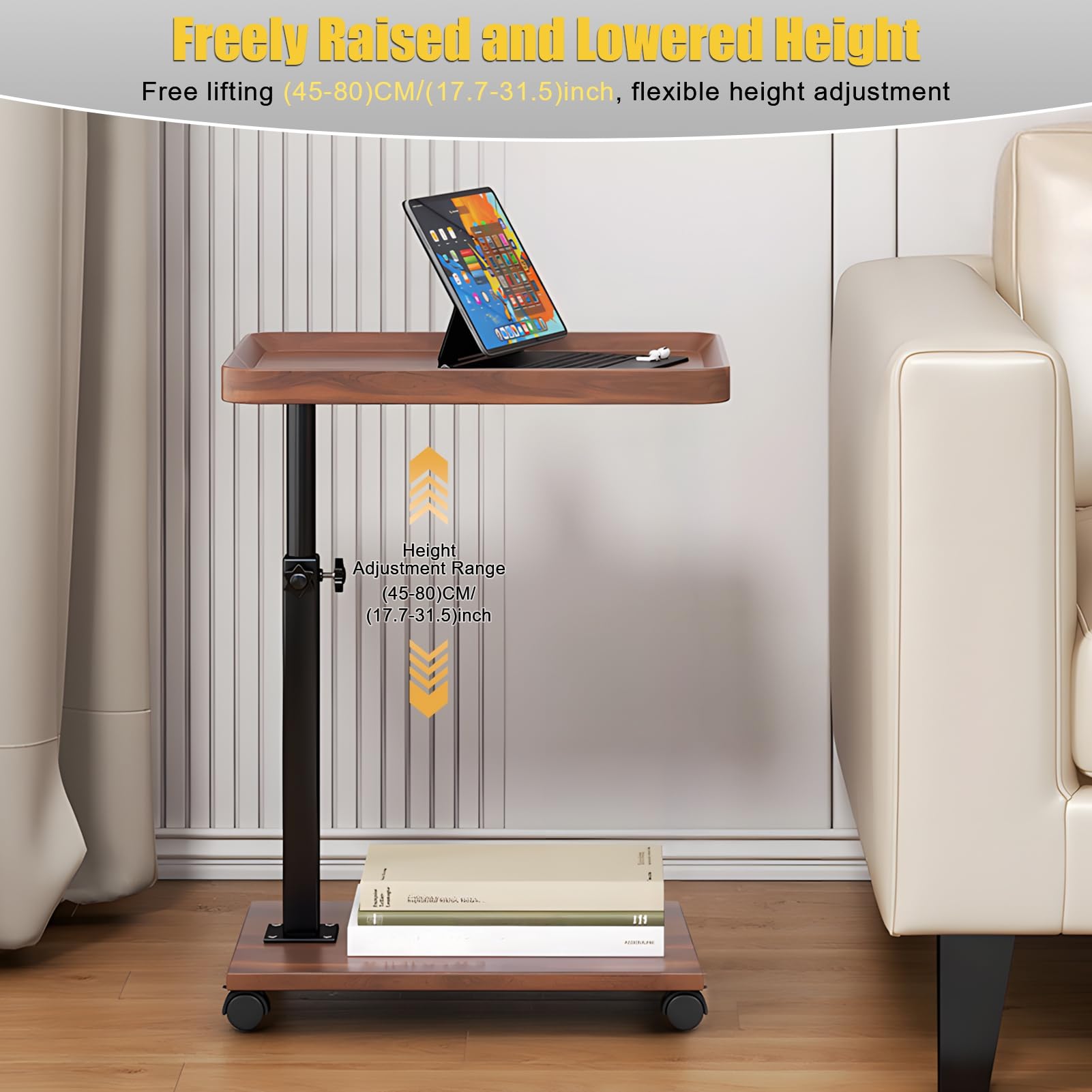Mesita Auxiliar en Forma de C, Mesa Auxiliar de Altura Ajustable para sofá con Estante de Almacenamiento de 2 Niveles, mesita de Noche giratoria con Ruedas para Sala de Estar y dor