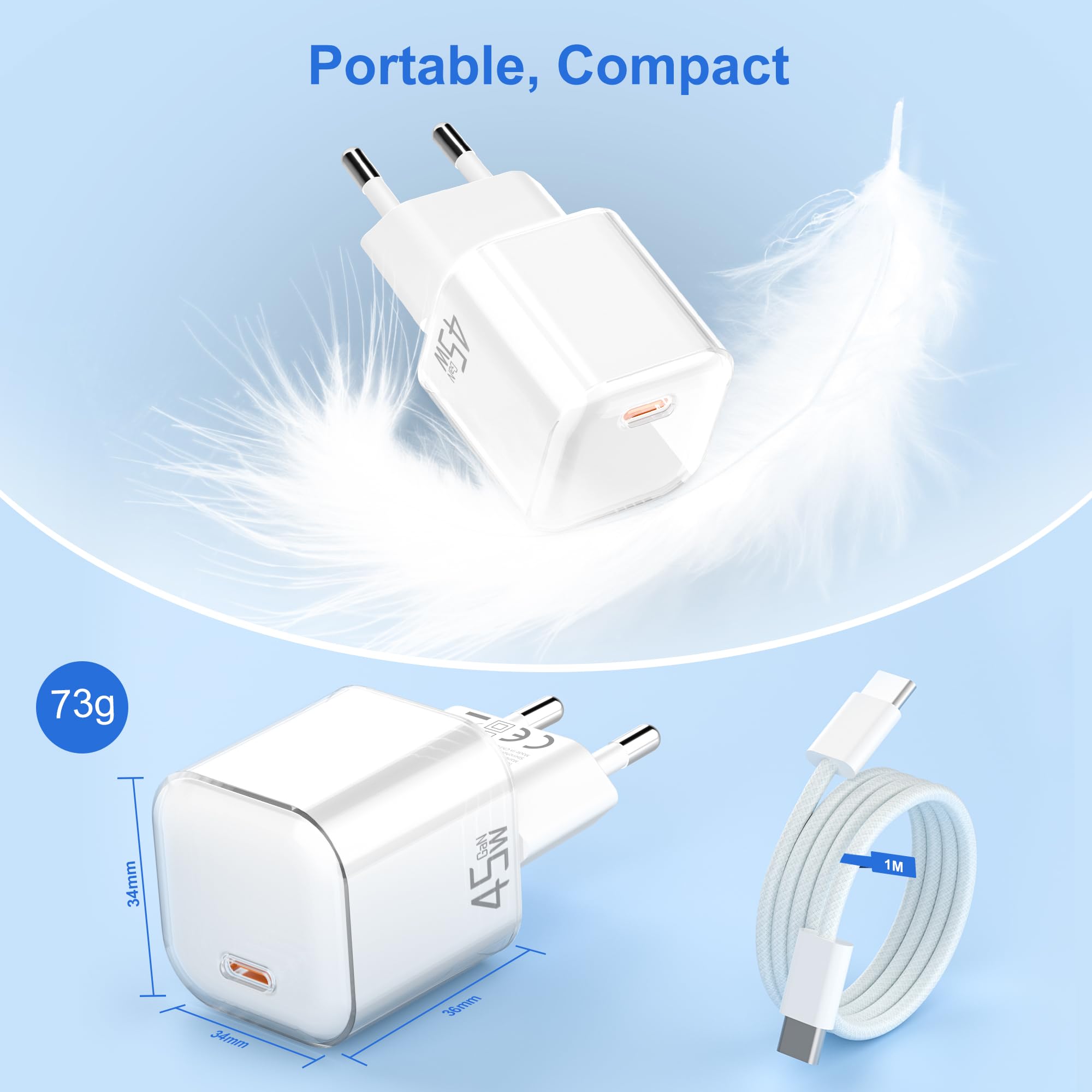 YISH 45W USB-C Szybka Ładowarka: GAN PD 3.0 Fast Chargers USB C Zasilacz do Szybkiego Łdowania + Kable Typu C 1M 60W, Wtyczka USBC Wtyczka do Ładowania Smartfonów i Tabletów