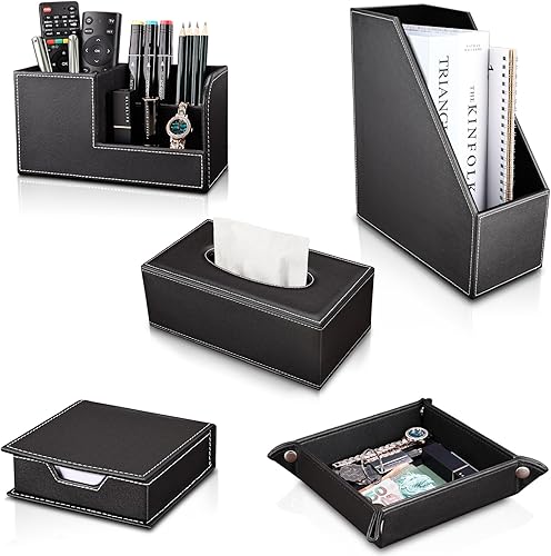 Miniatura 9 de KINGFOM Soporte para archivos de documentos de cuero de madera de 4 ranuras, soporte para archivos, organizador de archivos de escritorio, gabinete