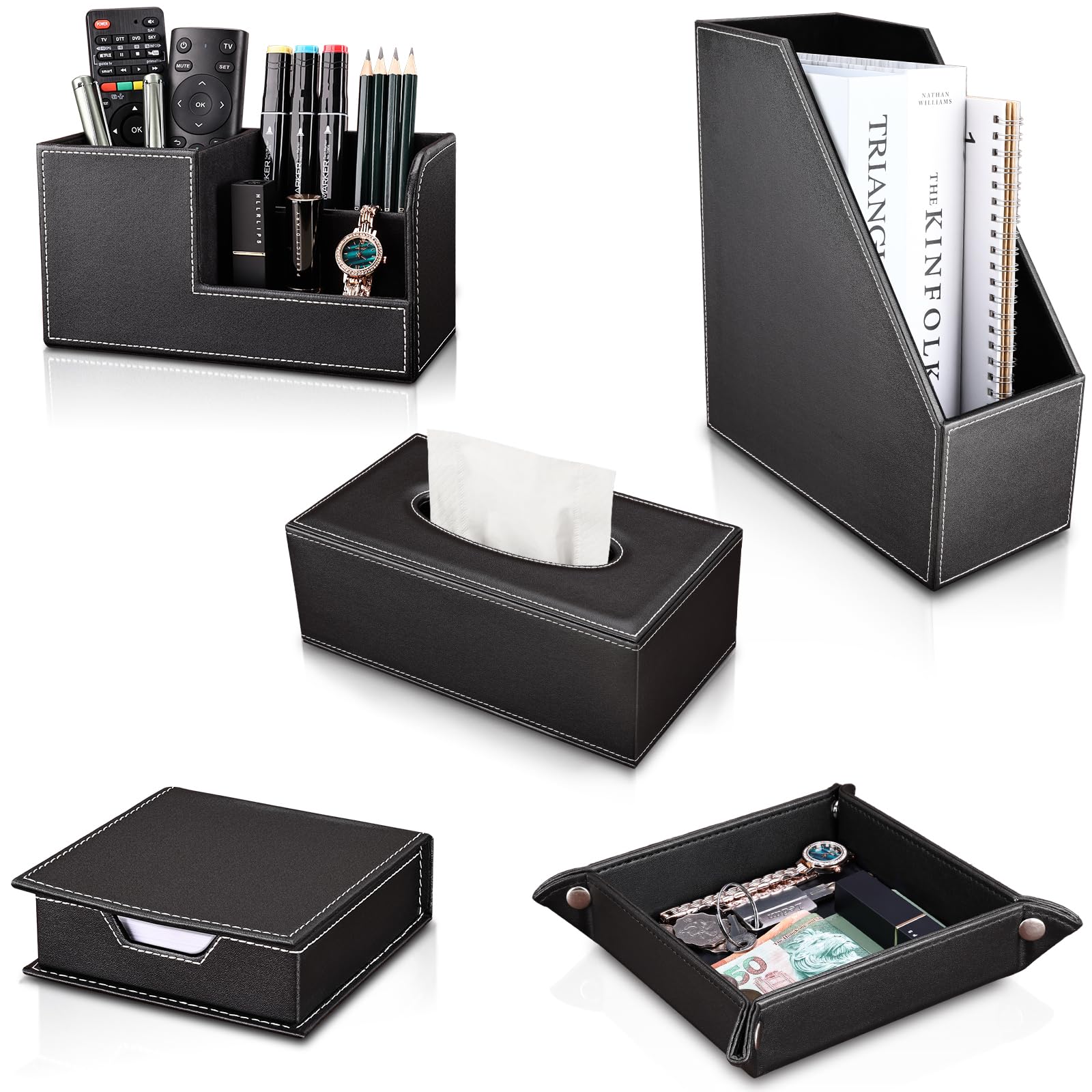 KINGFOM 5 PCS/SET Pu Leather Desk Organizer File Holder Accessories, Magazine Storage Rack+Desktop Pen&Pencil Holder+Tissue Box Cover+Leather Jewelry Accessories Tray
