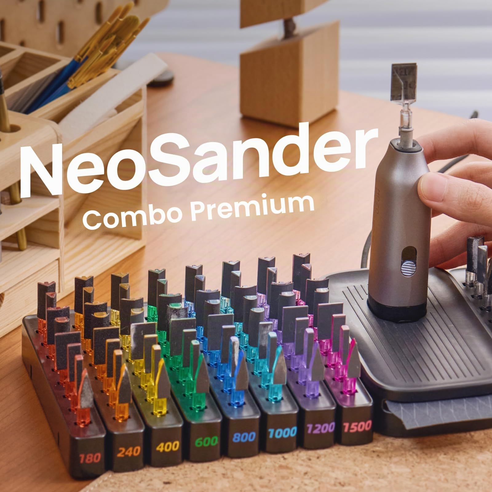Kit Combo Premium NeoSander de HOZO – Mini Juego de Lijadora Reciprocante de Detalles con 64 Cabezas de Lijado Codificadas por Color, Base de Carga y Juego Básico de Papel de Lijar, Idea de Regalo