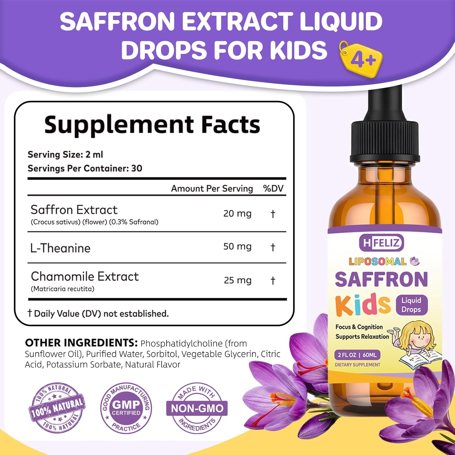 Liposomal Saffron Liquid Drops for Kids, Saffron Extract Supplements with L-Theanine & Chamomile for Focus, Relaxation & Antioxidant Support, Alcohol-Free, Natural Flavor, 2 Fl OZ - Image 7
