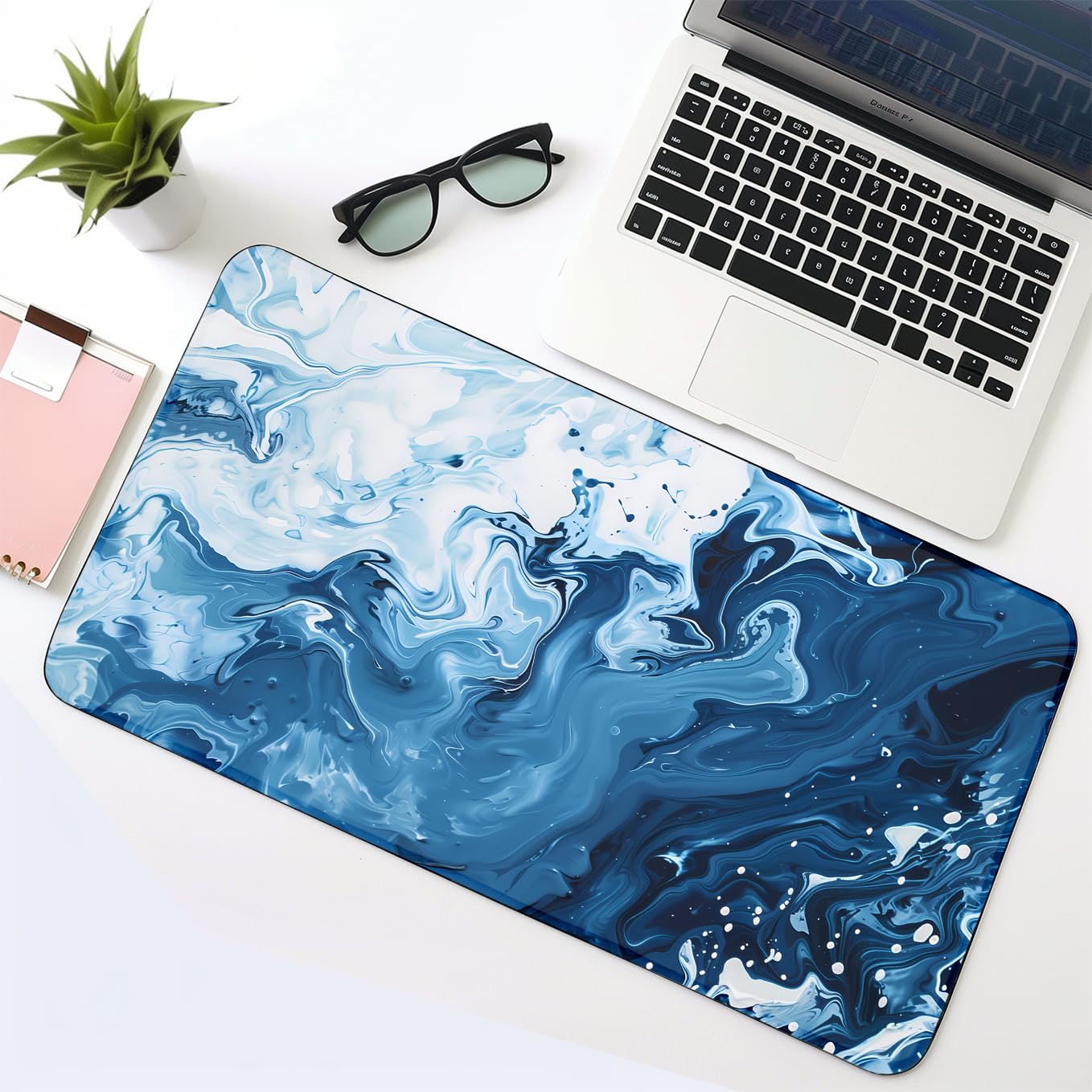 SoulAbiti Sapphire Swirl Stitched Edges Desk Mat - Blue Marble Design Mouse Pad - Large Gaming 23.6x11 inch Mousepad - Non-Slip, Anti Fray, Computer Laptop Office Décor 4
