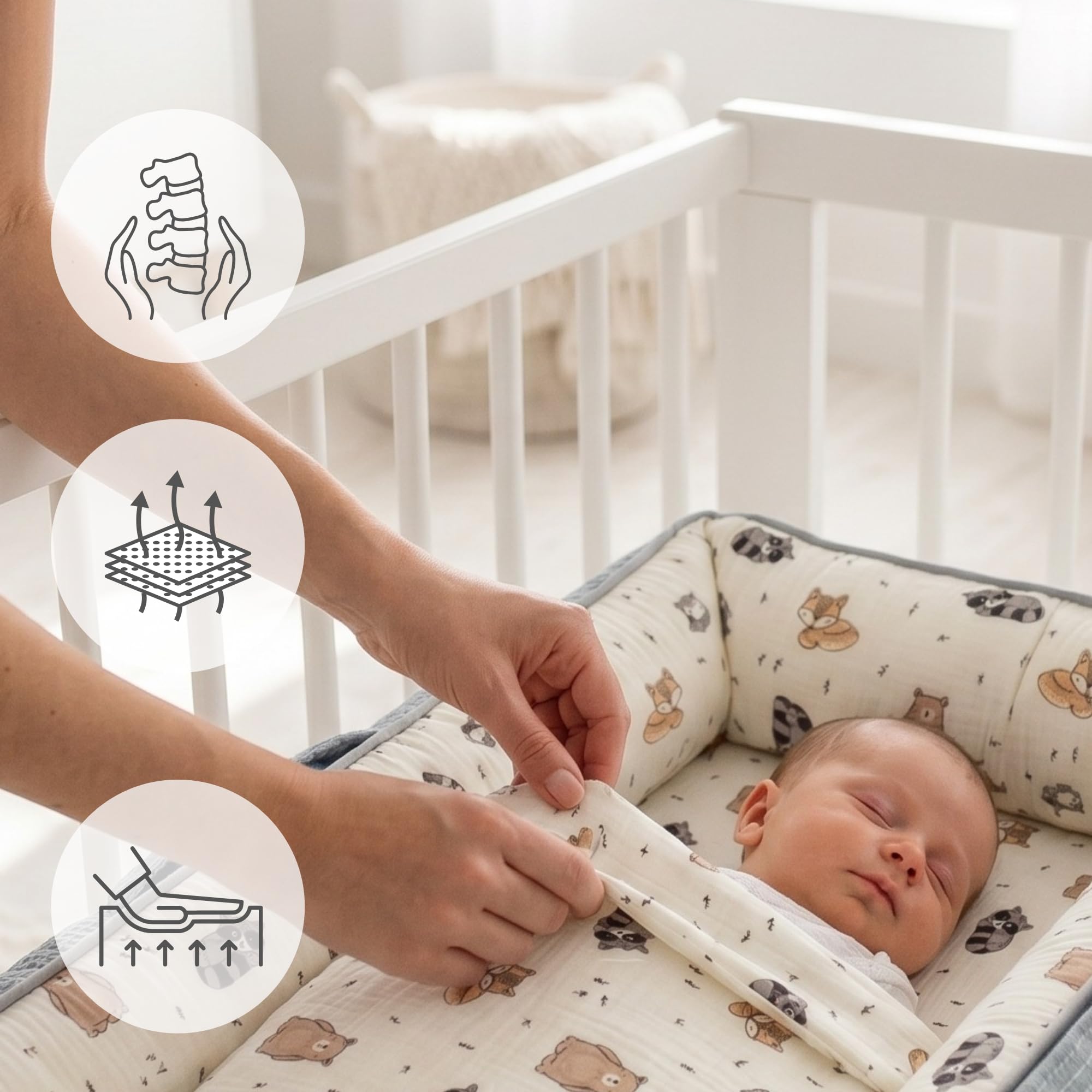 Bellochi Hush Baby Nest Cocoon - Tumbona para recién nacido con cierres magnéticos silenciosos para un descanso tranquilo, algodón hipoalergénico de alta calidad, tapete multifuncional para el tiempo