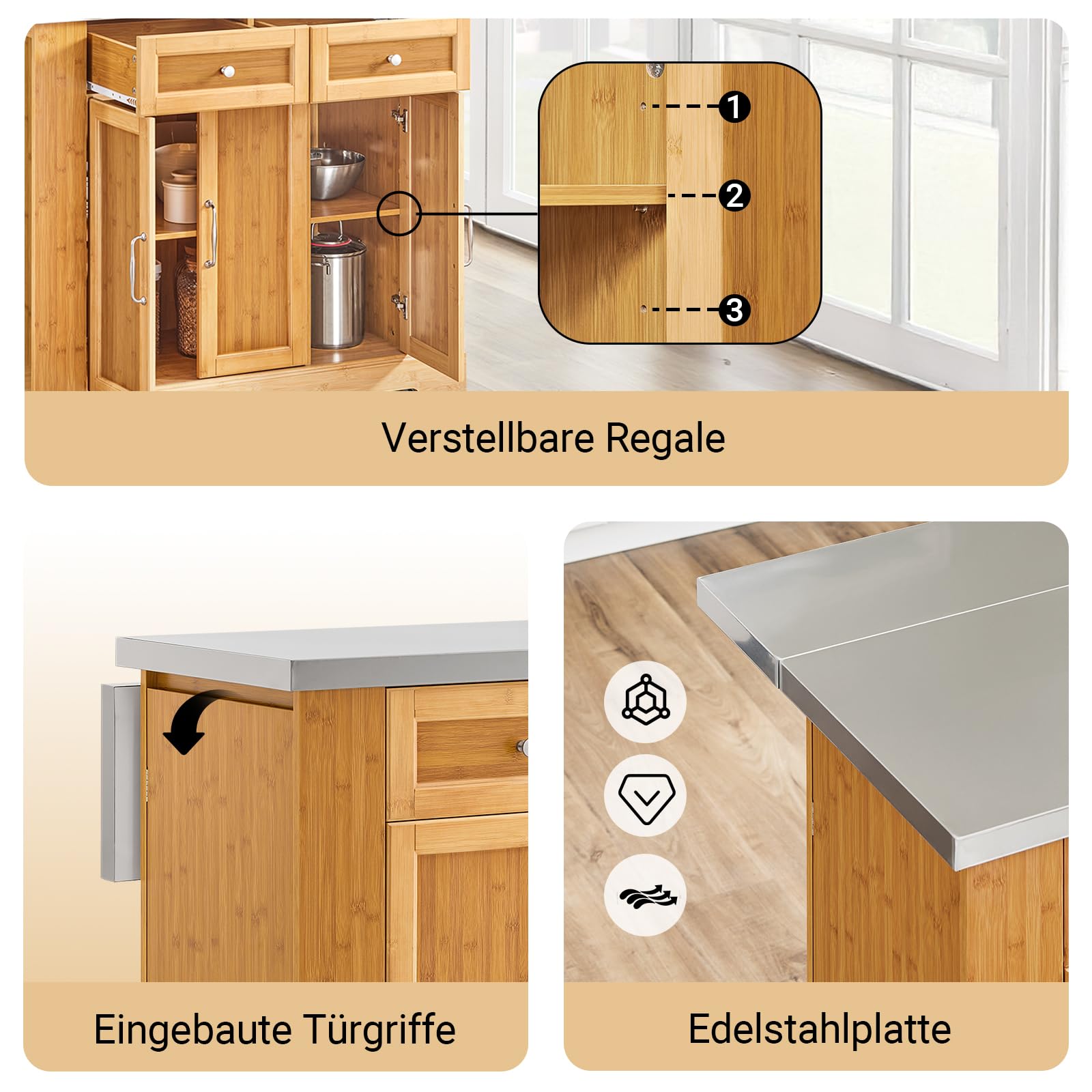 SoBuy Kücheninsel freistehend mit ausziehbarer Edelstahl-Arbeitsplatte – Küchenwagen mit Schubladen für Küche, Esszimmer und Garten, Innen- und Außenbereich, Naturholz, 107x92,5X(46–71) cm, FKW130-N
