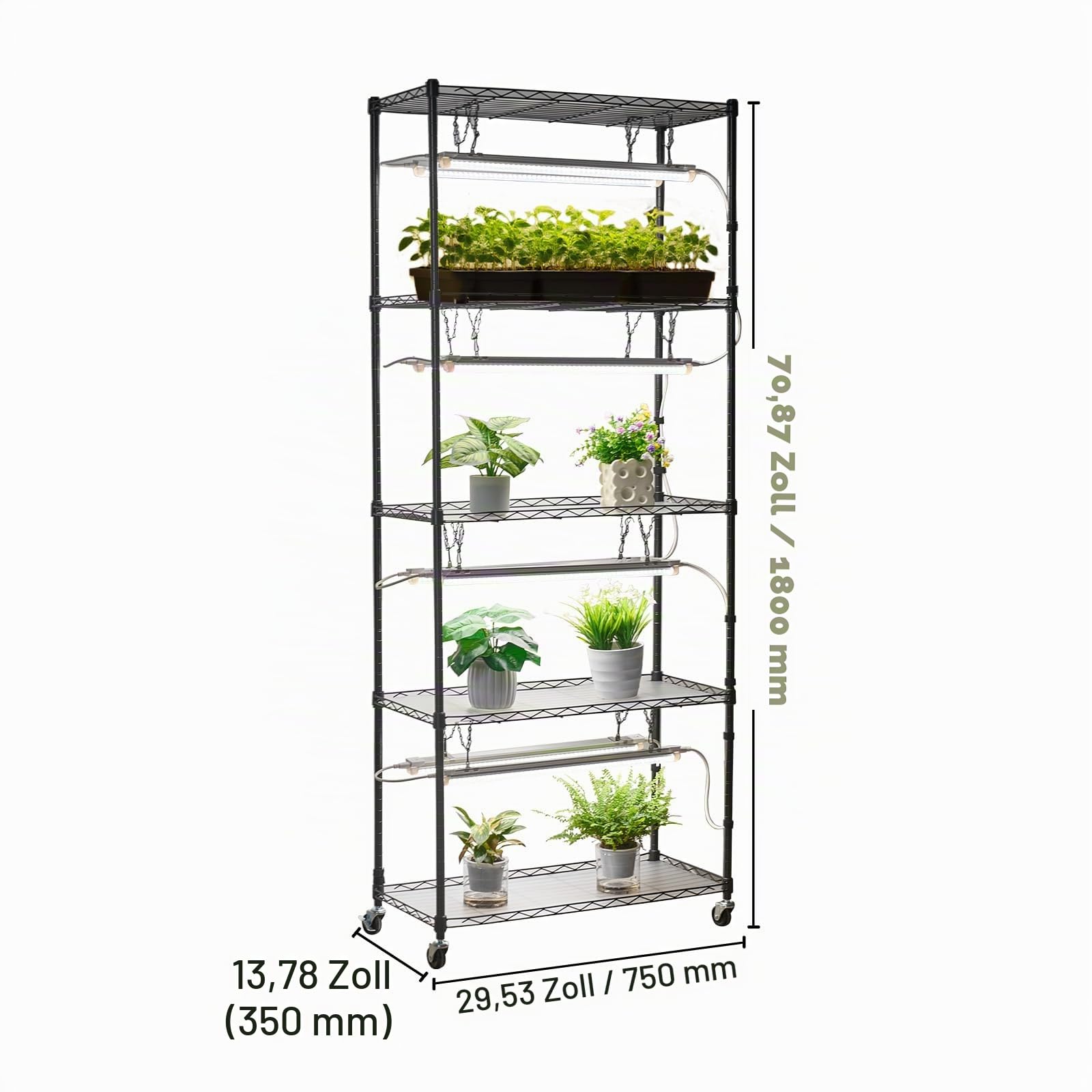 VEVOR DIY-Pflanzenregal mit Wachstumslichtern, Pflanzenständer mit Rädern, 192 W 5000 K Vollspektrum-Lichter, Pflanzenregal aus Metall, Blumenregal für Samenanzucht, 750x350x1800mm