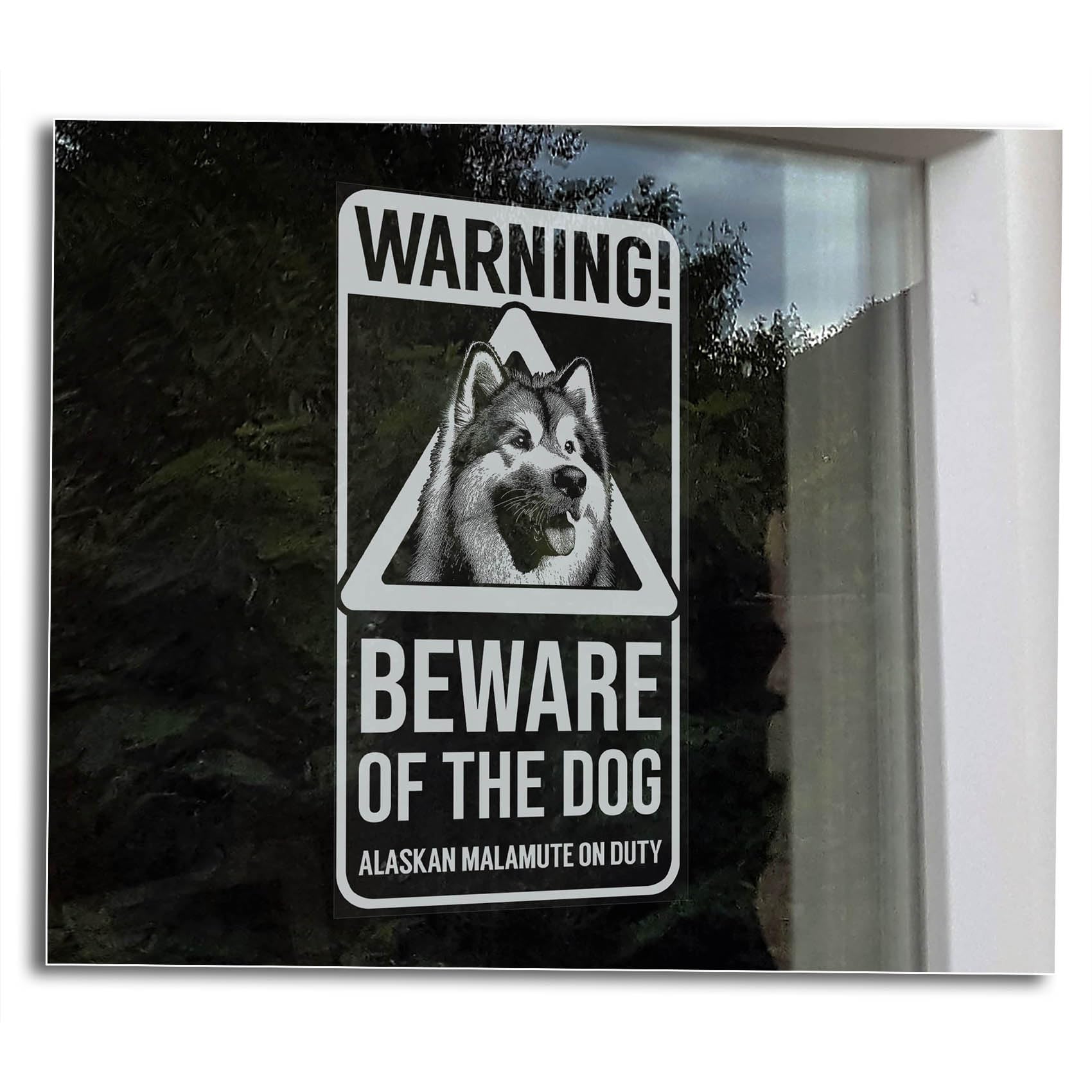 Warning: Beware of the Dog Sticker, Alaskan Malamute Home Security Window Sign, Husky Owner Gift -V31 (External - White Print)