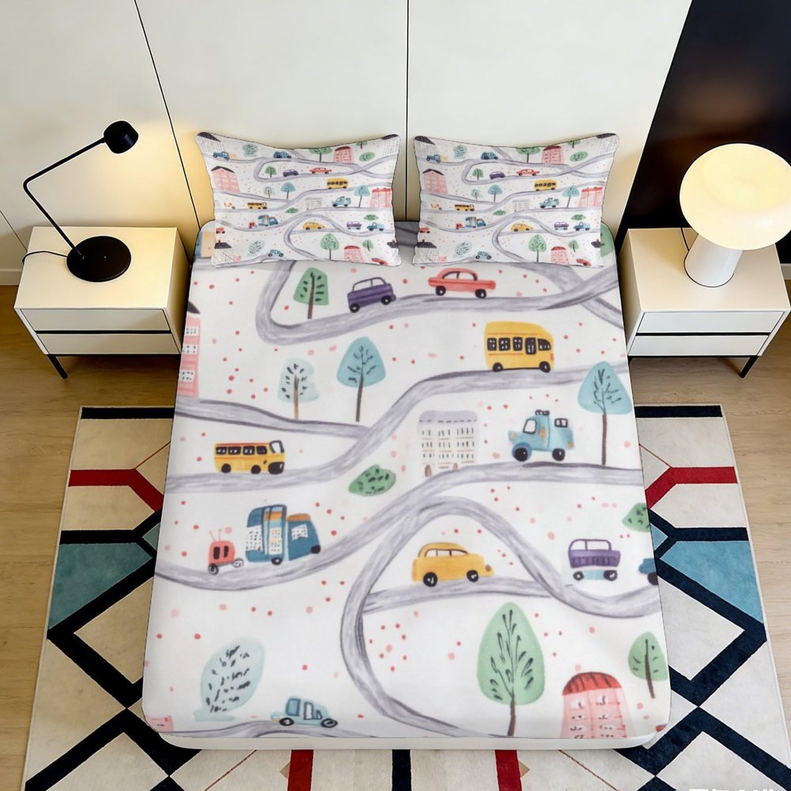 Pnayamiorkfel Style-8 3D Printed Cartoon Road Fitted Sheet Microfiber Soft Car City Mattress Cover For Bedroom Guest Room Decor Easy Care 90X200x25cm