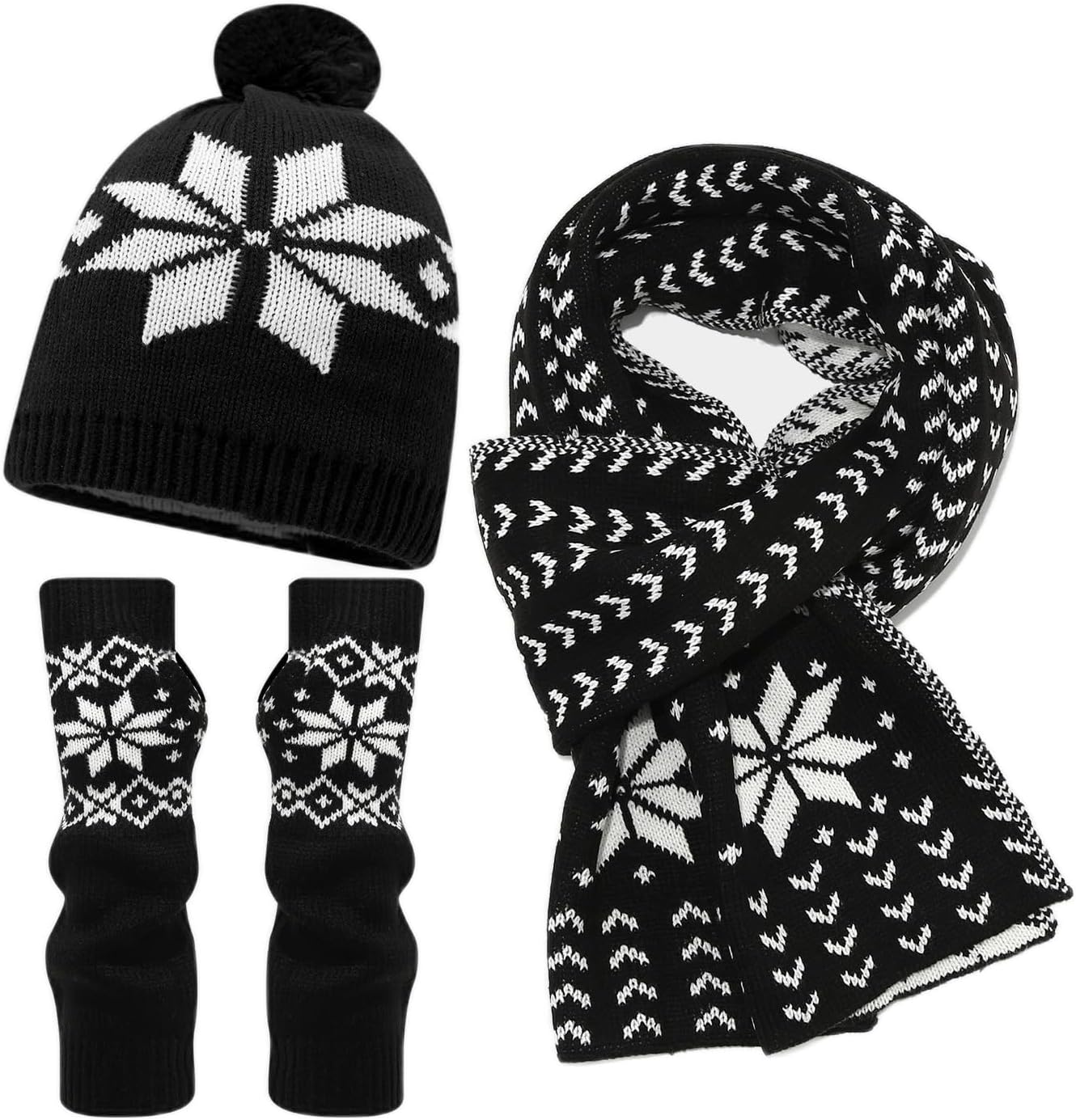 Snowflake Knit Set - Winter Hat Scarf Gloves Cold Protection Trio Unisex