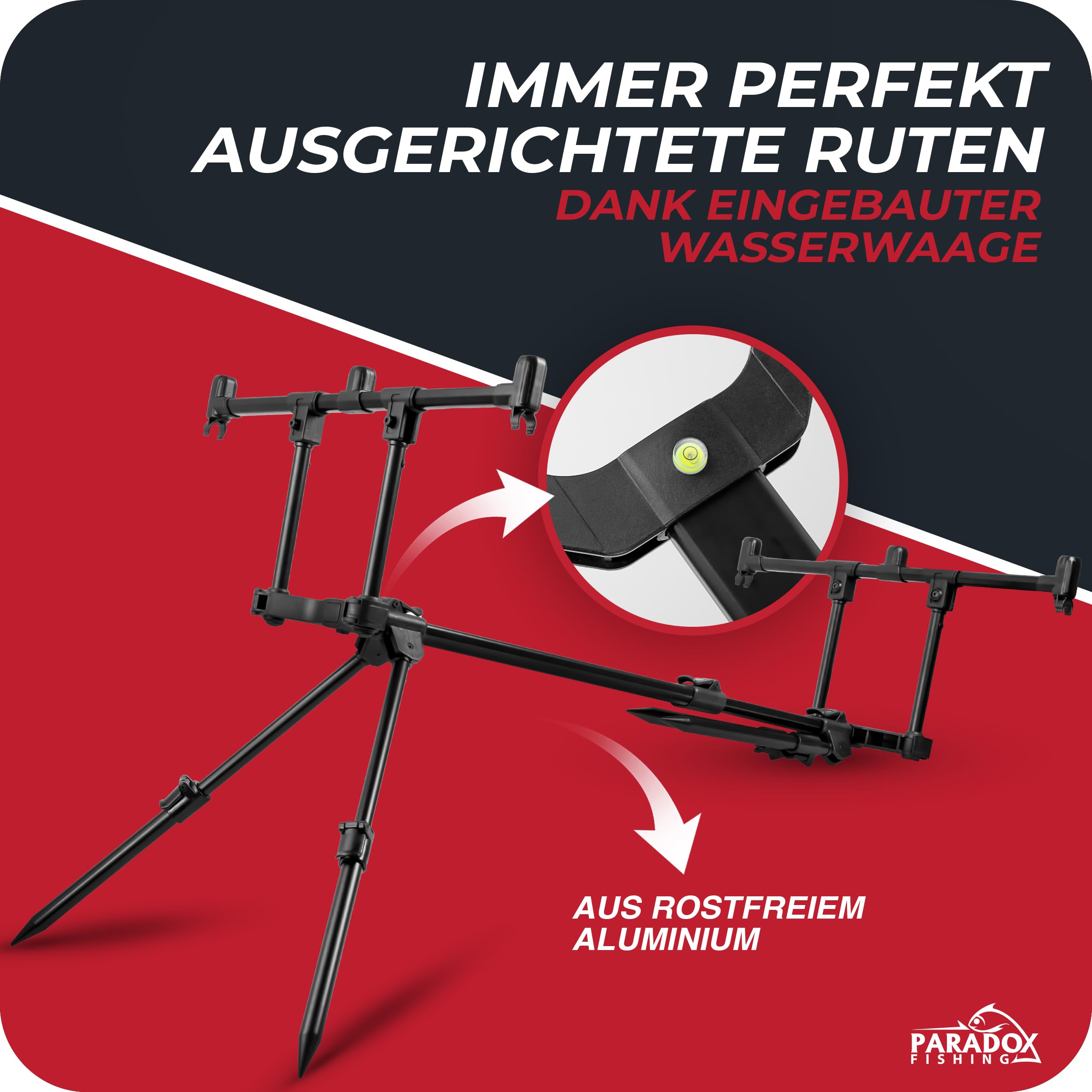 Paradox Fishing Rod Pod für 3 Ruten | Aluminium Rutenhalter verstellbar & rostfrei | Stabiler Karpfen-Rutenständer mit Wasserwaage | Inkl. Transporttasche | Angelablage für Ansitz- & Karpfenangeln