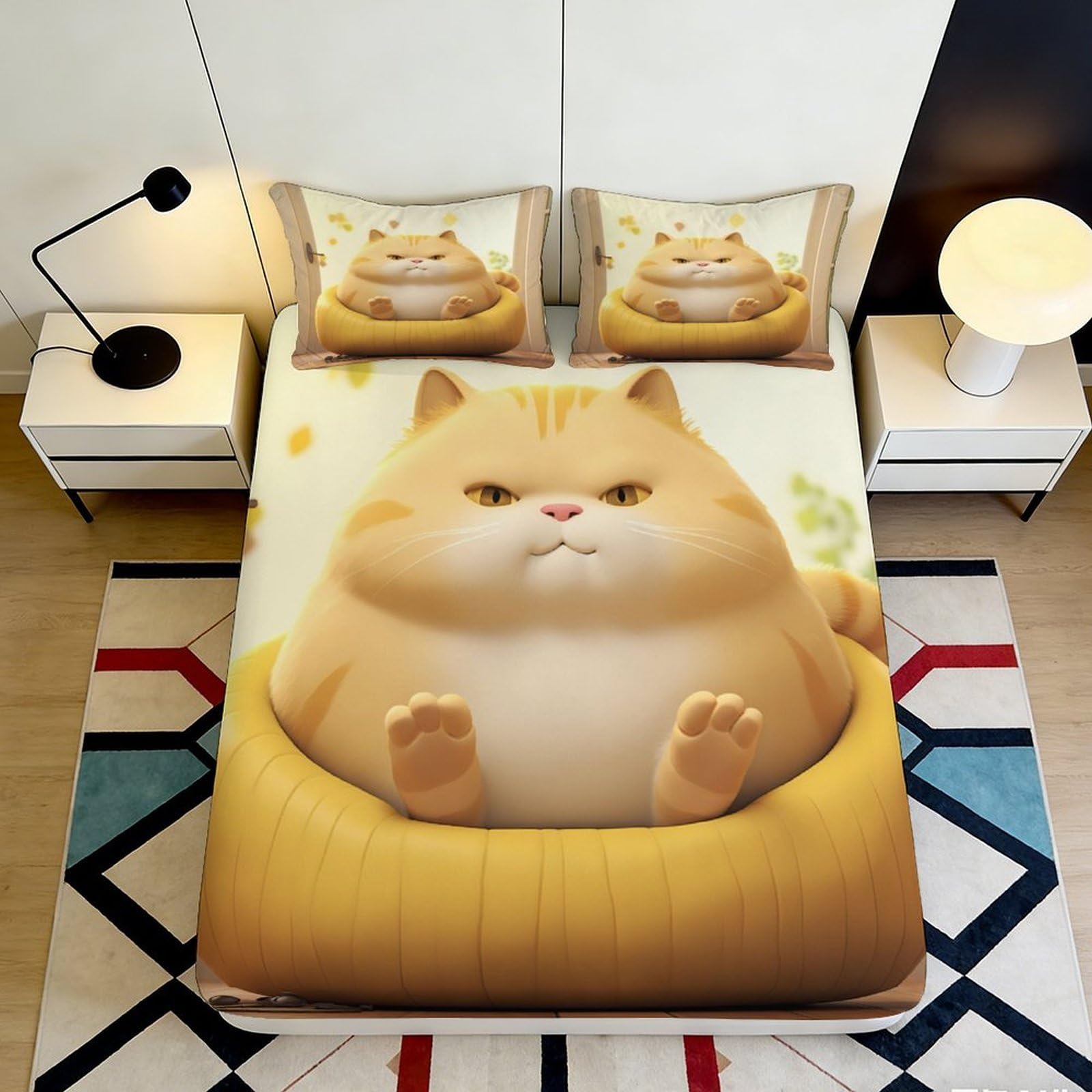 3D Printed Orange Tabby Cat Fitted Sheet Microfiber Soft Non-Slip Cartoon Animal Mattress Cover for Bedroom Dorm Decorative Protection 90x200x25cm