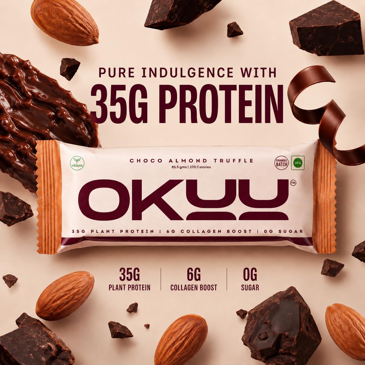 OKUU Choco Almond Truffle Plant Protein Bar | Founder Batch 35G | 5G Engineered Space Grade Nutrition | Keto Friendly Vegan High Protein Snack | Collagen Boost | Pack of 30 — Amazon image 4
