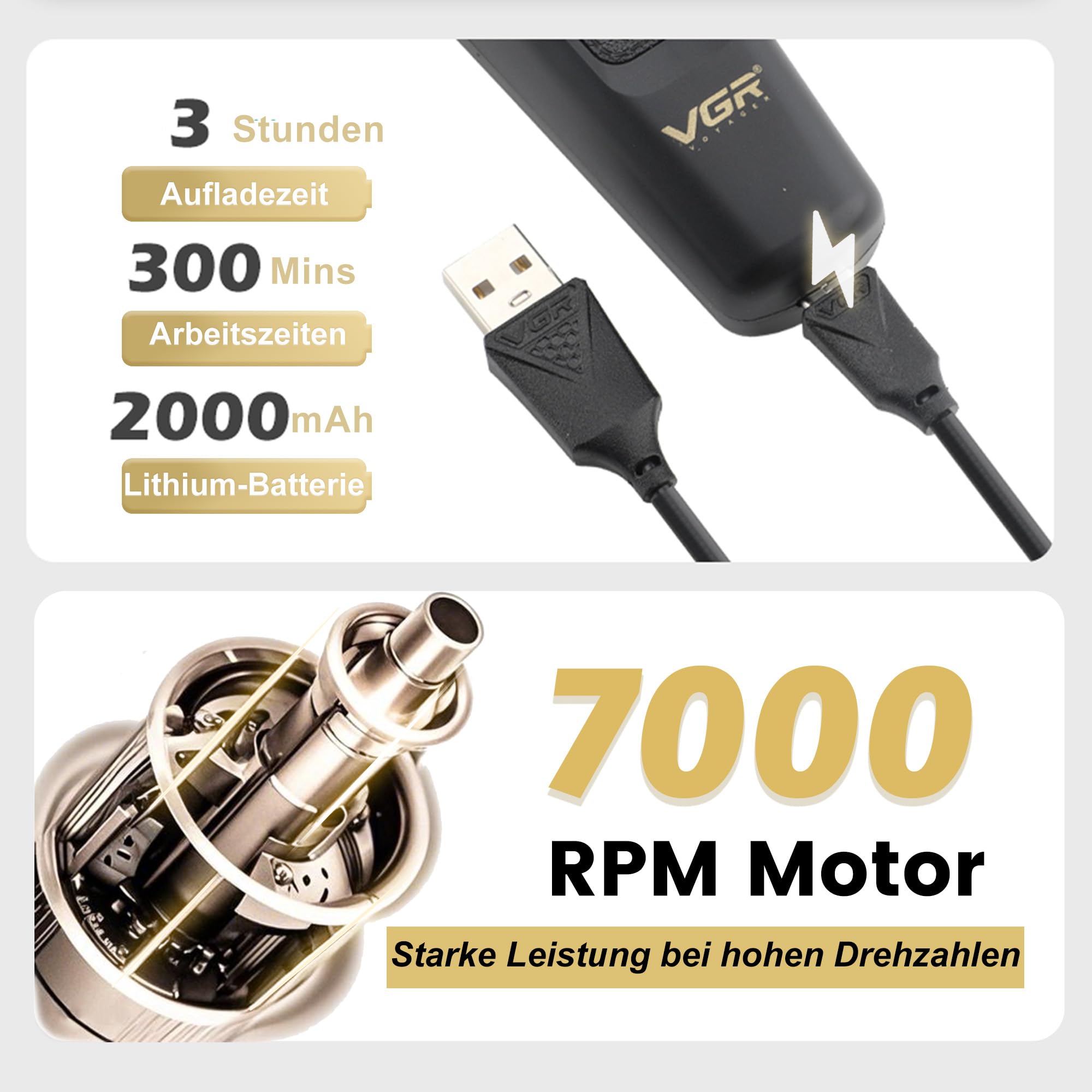 VGR 995 Profi Haartrimmer für Herren Zero Gap Trimmer, Kabelloser Elektrischer Haarschneider mit 4 Kammaufsätzen, USB-C Haarschneider, Leiser Präzisionstrimmer für Reisen