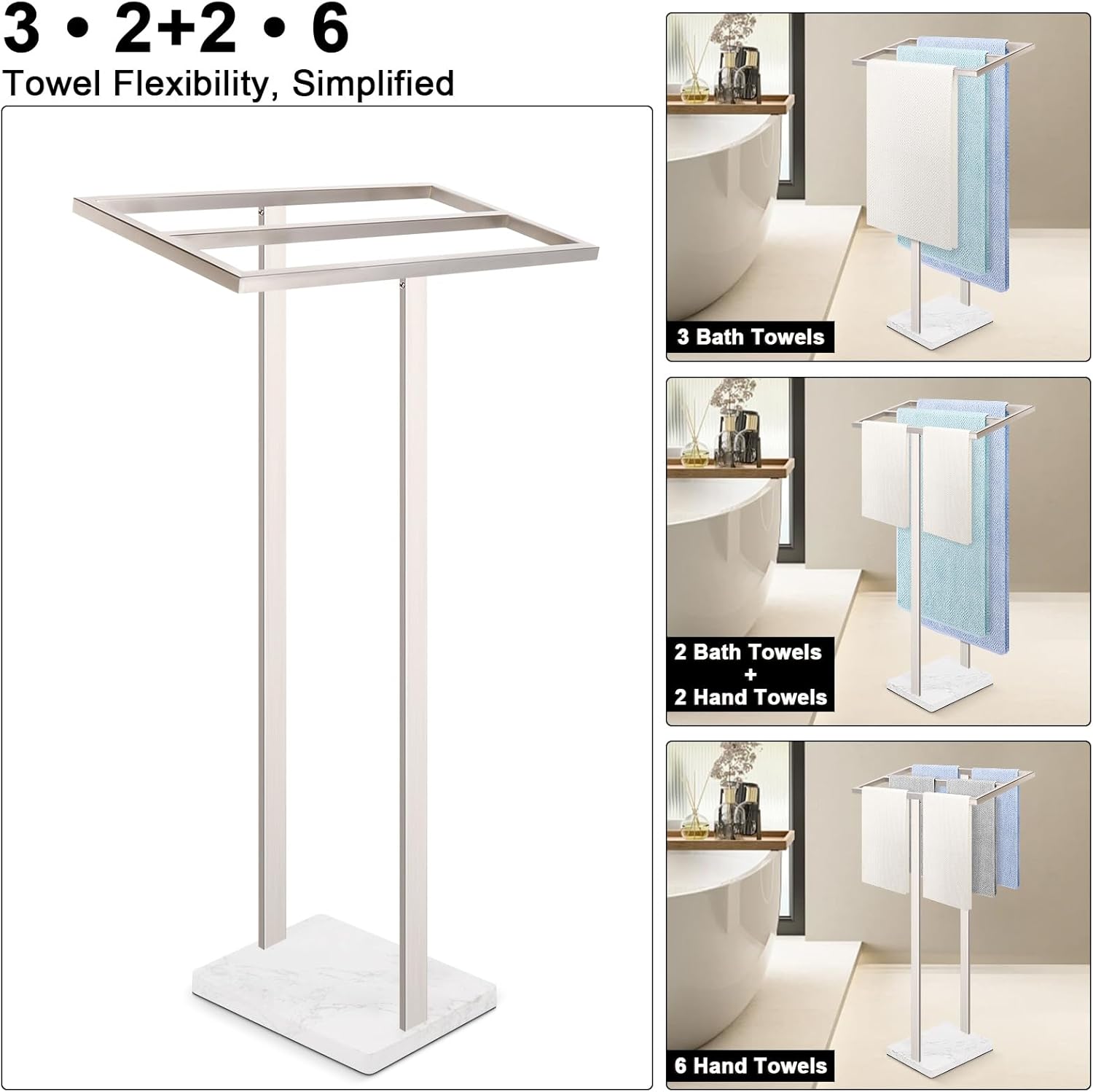 Livabber Standing Towel Rack, 304 Stainless Steel 2 Tier Towel Holder Stand with Heavy Marble Base, Stylish Floor Towels Bar for Bathroom Accessories, Laundry Room, Pool (Brushed Nickel)