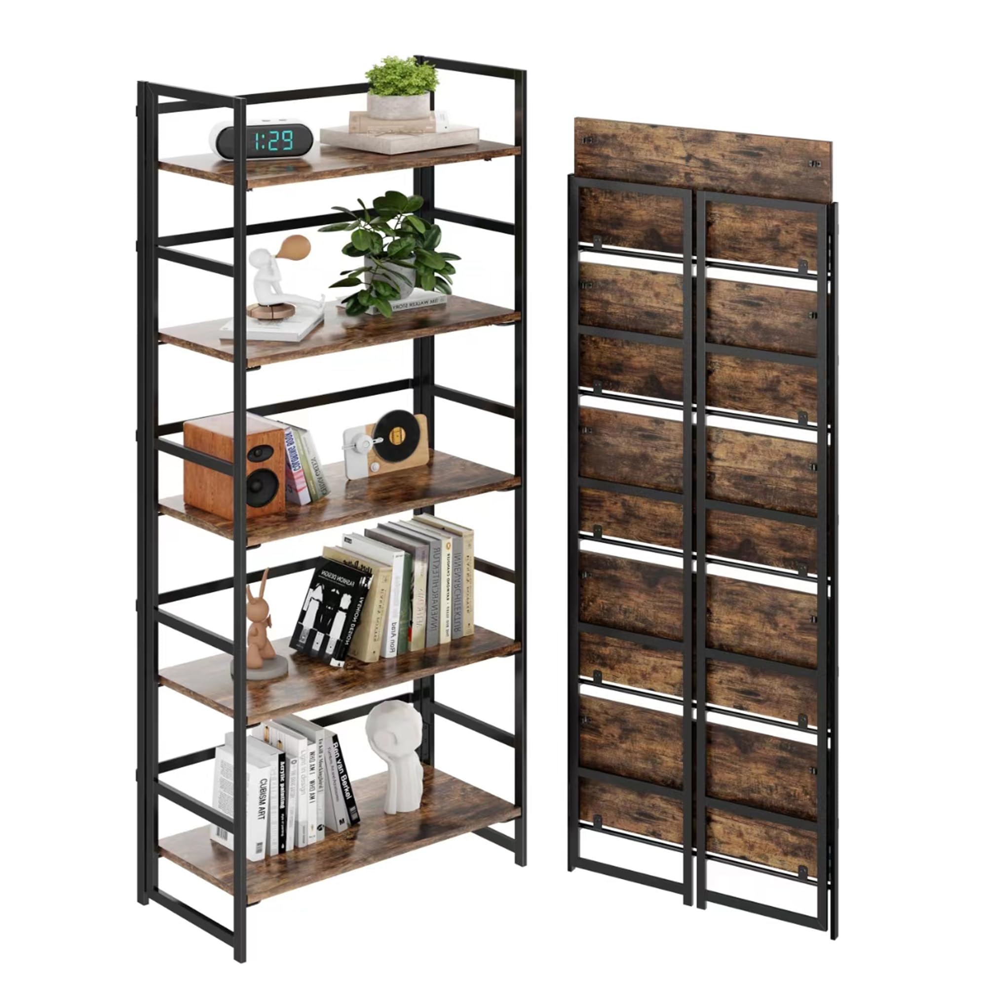BHG Vintage Multifunctional Folding Bookshelf, No-Assembly Plant Stand Storage Rack Shelves for Home Office (Fire, 5-Tier)