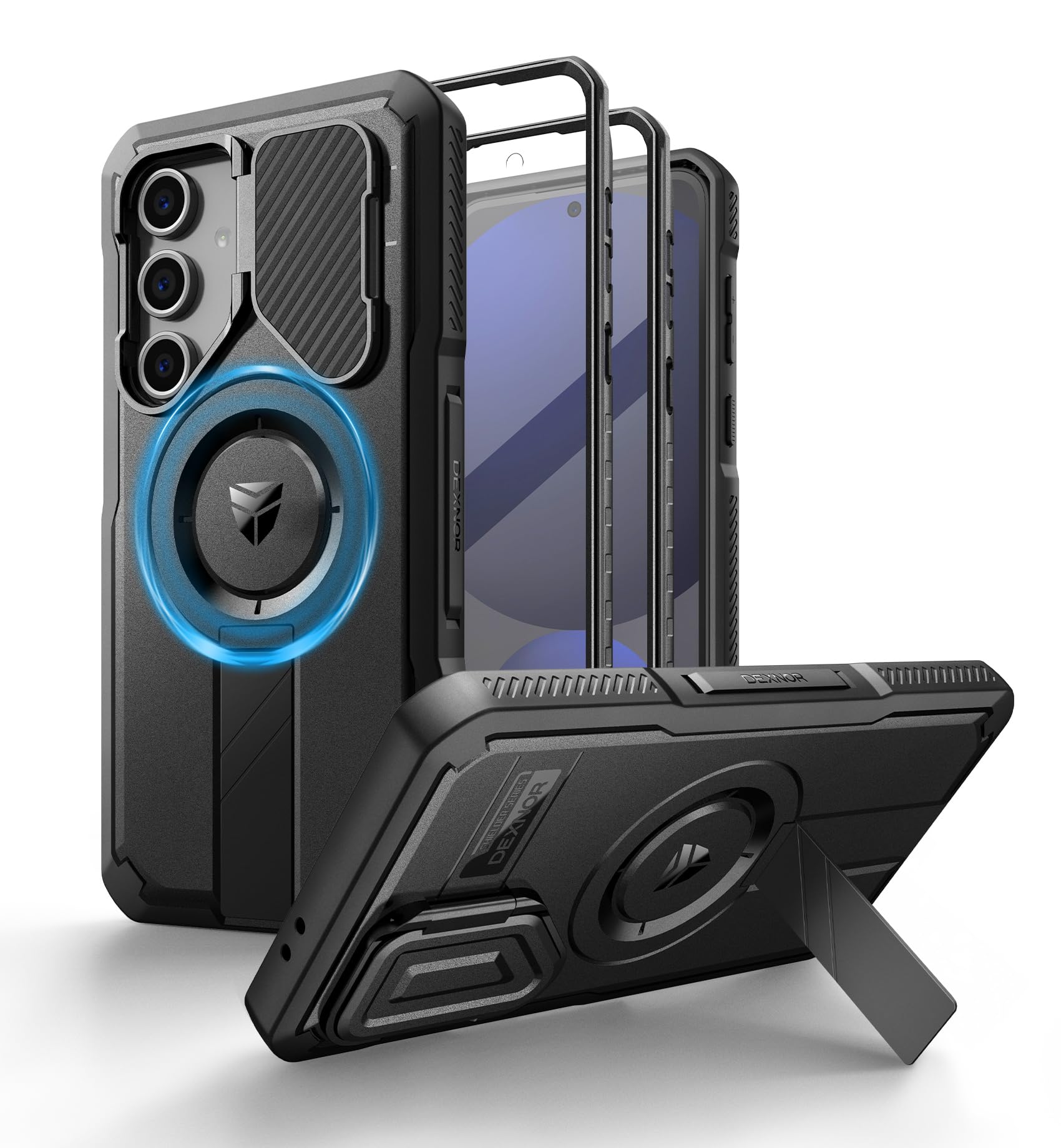 Dexnor for Samsung Galaxy S24 FE Case with Camera Cover & Adjustable Kickstand & Built-in Screen Protector, Magnetic Rugged Shockproof Bumper Cases Heavy-duty Mangetic Protective Cover - Black