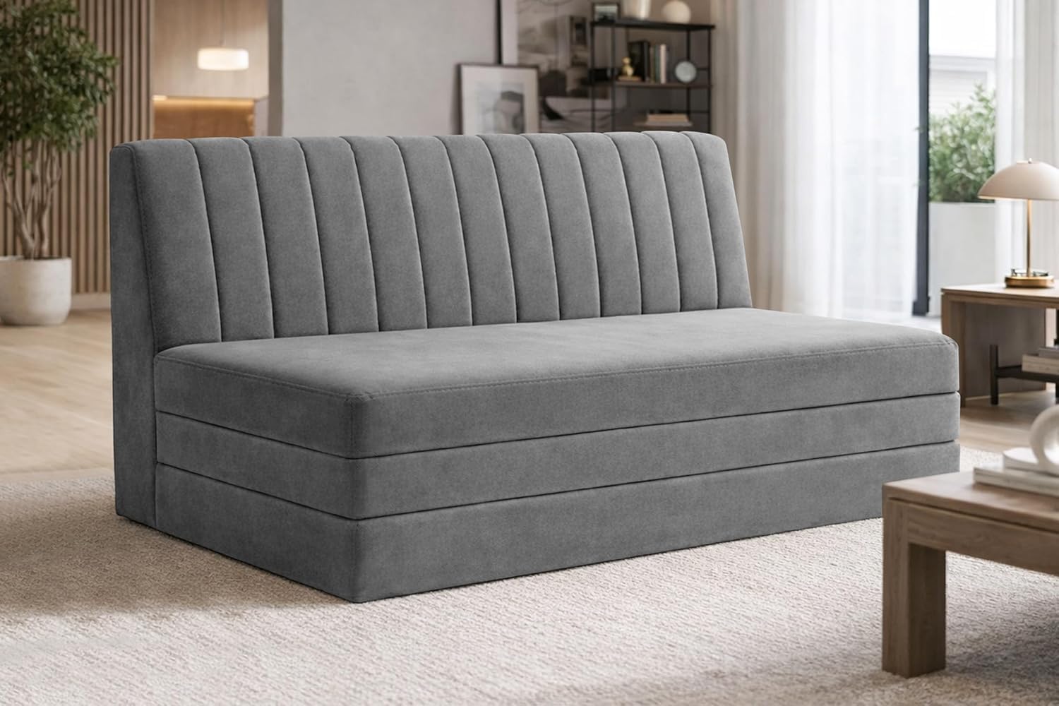 Three-Seater Convertible Floor Sofa Bed with, Modern Velvet Fabric Folding Couch for Living Room, Guest Room & Small Spaces - Grey Color-image-39