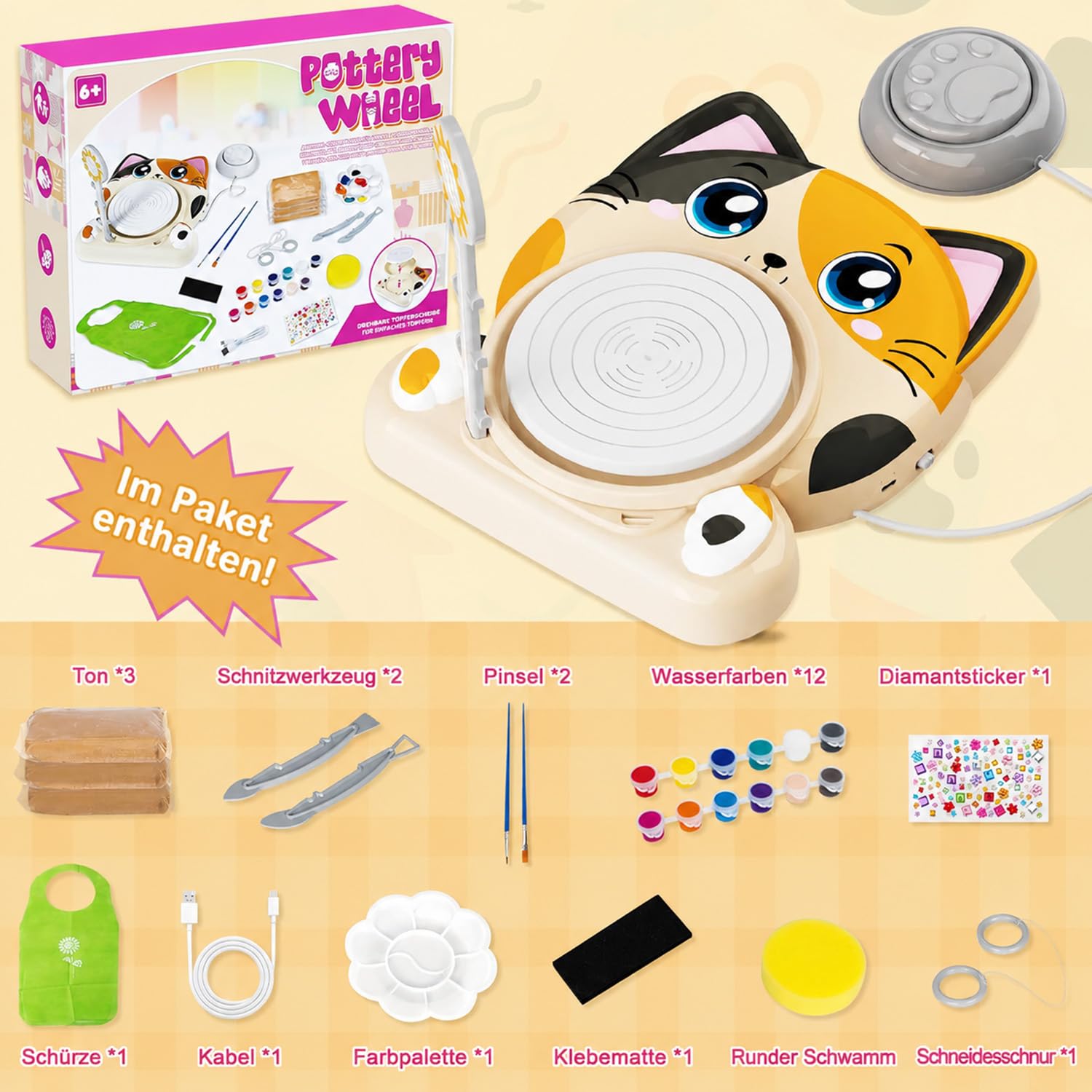 Töpferscheibe für Kinder – Komplettes Töpferstudio Set für Anfänger, Bastelset ab 8-12 Jahren mit 3x Lufttrocknender Ton, Mini Töpferrad Ostergeschenke Kinder für Jungen Mädchen (Katzenmuster)