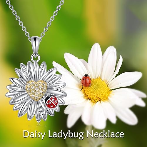 Miniatura 3 de YFN Collar y aretes de margarita, regalo para mujer, joyería con colgante de margarita de plata de ley para mujer