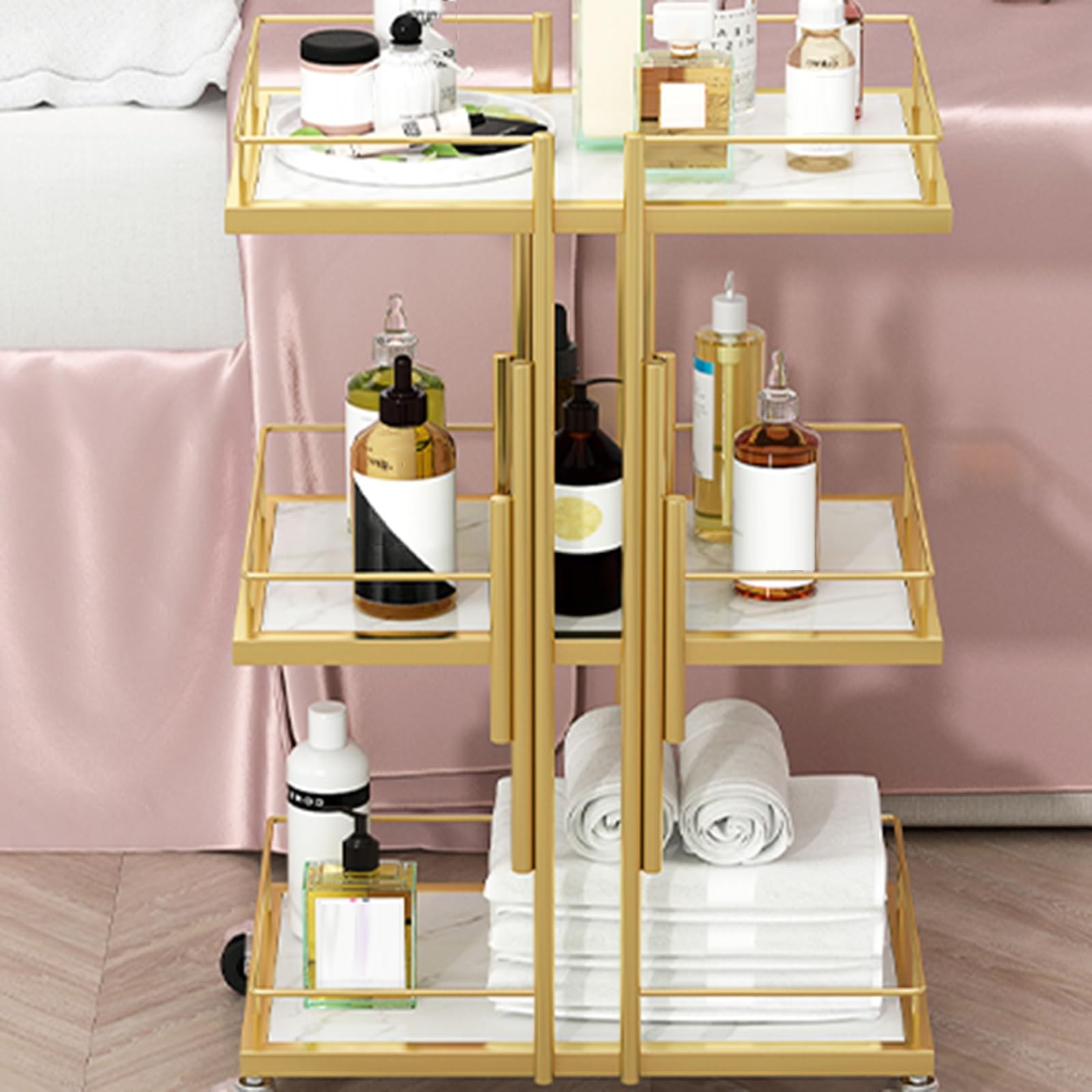 Carrello portaoggetti a 3 livelli, grande capacità, con robusto telaio in metallo, facile mobilità, con ruote, elegante finitura dorata, per l'organizzazione domestica e l'ufficio