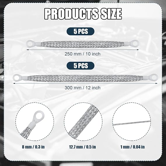 10pcs Universal Automotive Ground Straps, 10/12 inch Engine Ground Strap Kit Braided Copper Ground Straps Automotive Ground Strap Wire Ground Strap Connectors for Most Cars (Silver)