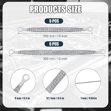 10pcs Universal Automotive Ground Straps, 10/12 inch Engine Ground Strap Kit Braided Copper Ground Straps Automotive Ground Strap Wire Ground Strap Connectors for Most Cars (Silver)