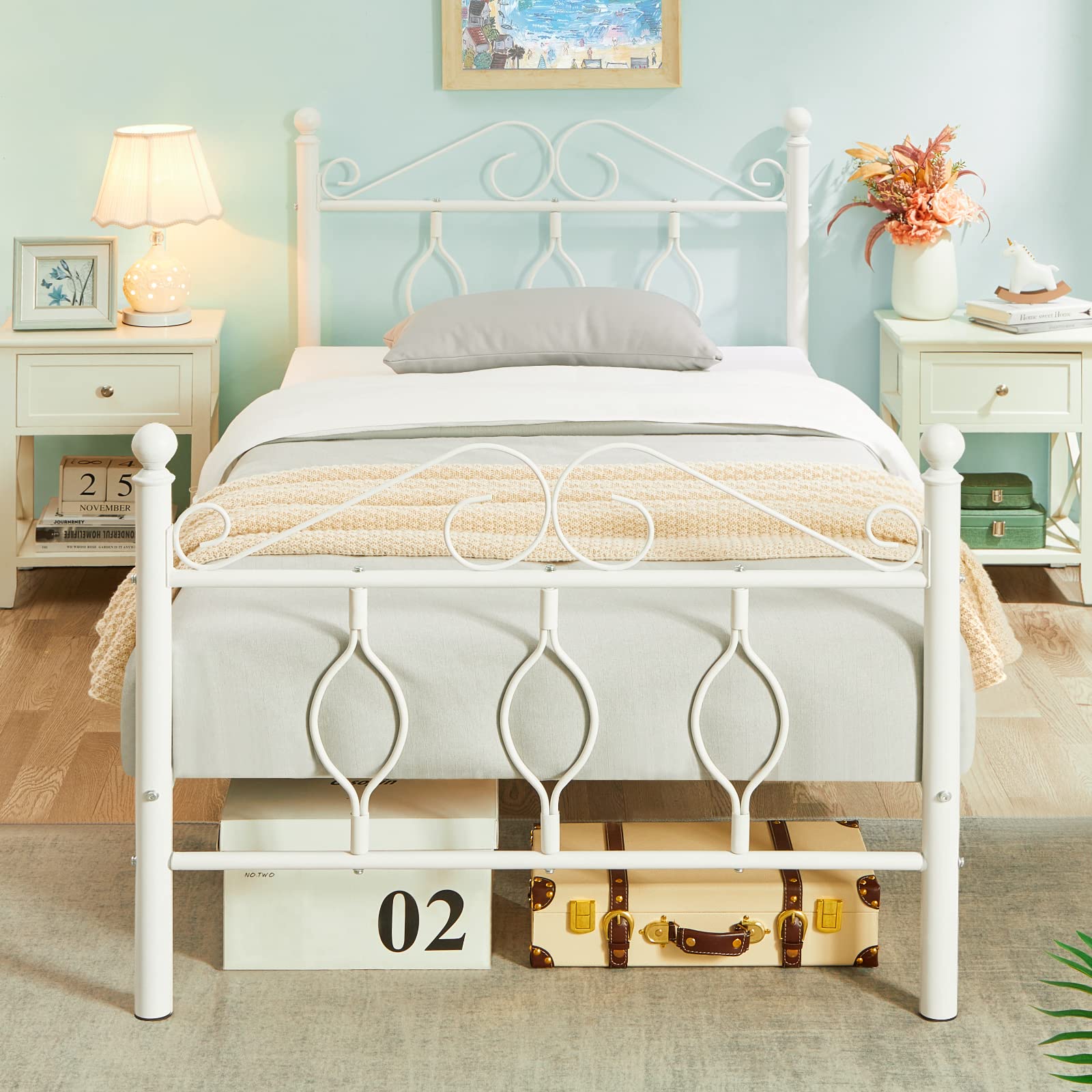 Photo 1 of GreenForest Twin Bed Frames with Vintage Headboard, Easy Assembly Heavy Duty Platform Metal Bed Frame with Underbed Storage for Kids,Girls Boys,No Box Spring Needed Mattress Foundation, White Twin White