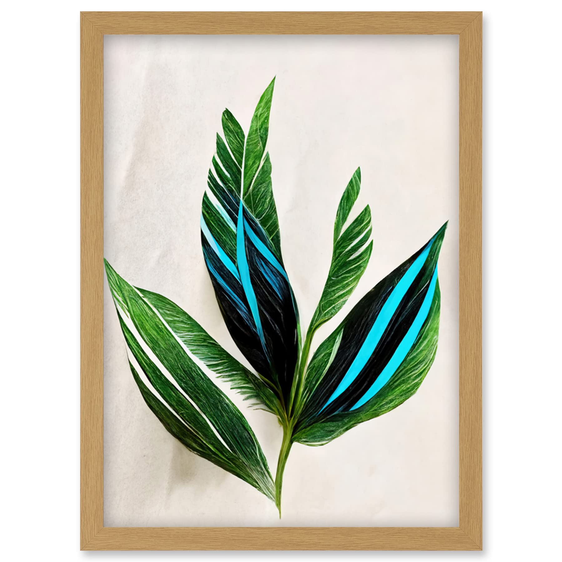 Wee Blue Coo Tropical Plant Feathery Leaves Green Turquoise Simple Botanical Illustration Artwork Framed Wall Art Print A4