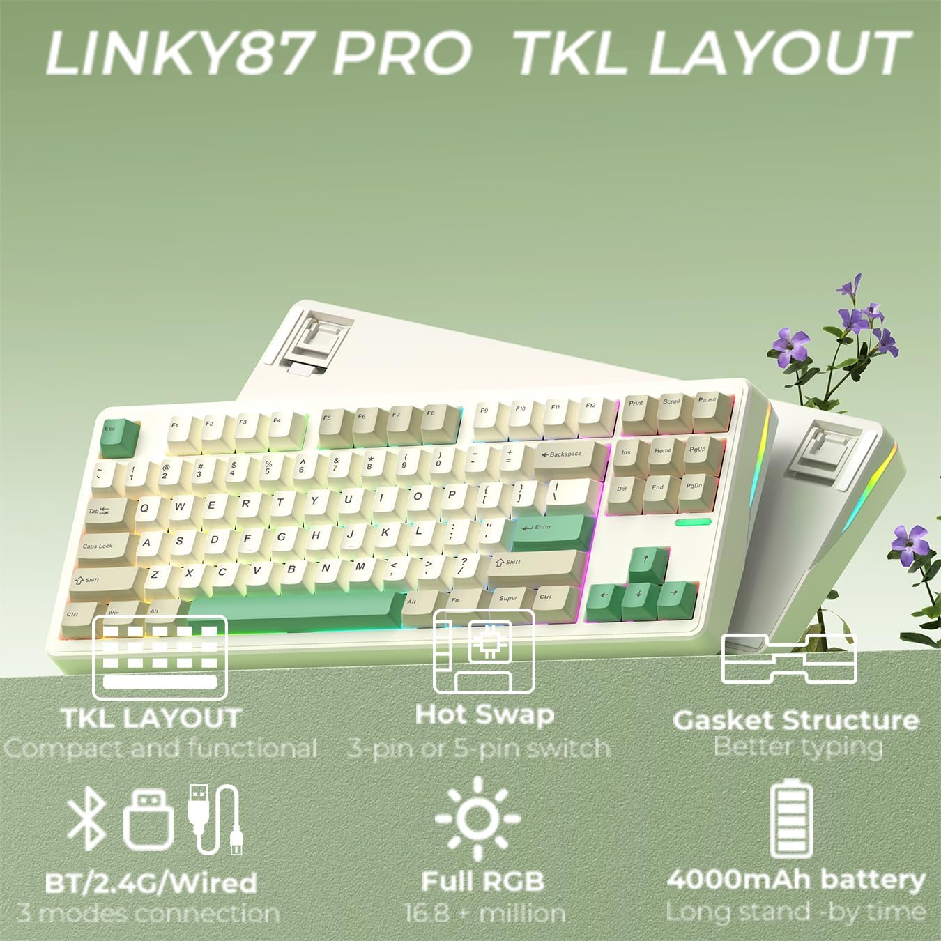 Linky 87 PRO Wireless Mechanical Keyboard,Tri-Mode BT5.0/2.4GHz/USB-C Hot Swappable Custom Keyboard, Linear Switches,RGB Backlit Computer Gaming Keyboards for PC/Tablet/PS/Xbox (Timber Green)