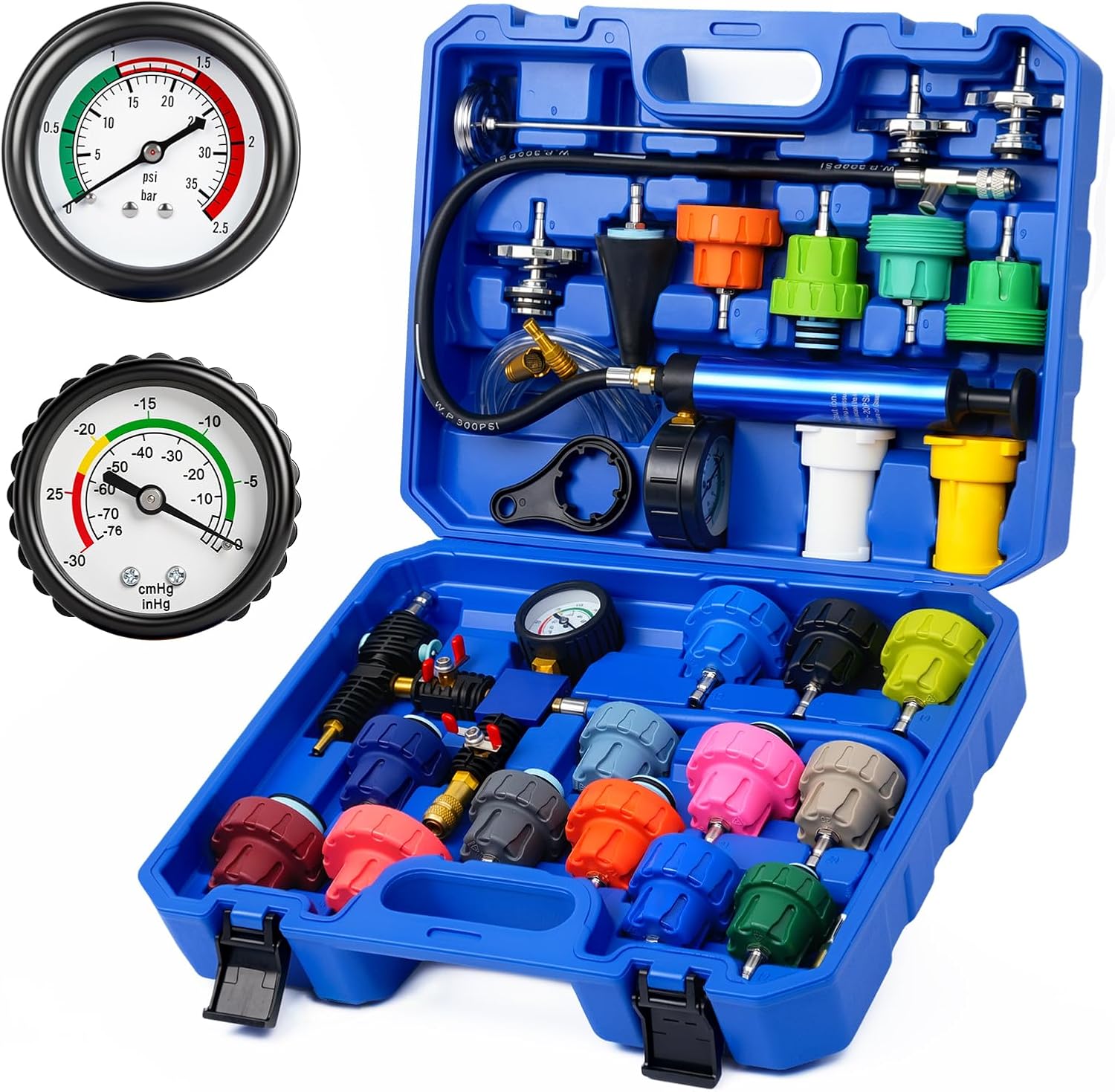 33PCS Radiator Pressure Tester Kit with Vacuum Refill Tool, Universal Cooling System Pressure Test Kit with Colored Caps, Leak Detection & Coolant Refill Set for Cars, Trucks & SUVs