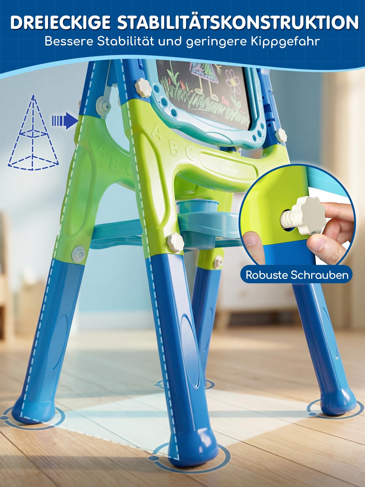Lehoo Castle Tafel Kinder, Kindertafel mit Kreidetafel & Whiteboard 360 drehbare Höhenverstellbar schultafel für kinder mit Zubehör, Spielzeug ab 3 jahre mädchen Jungen(Blau)