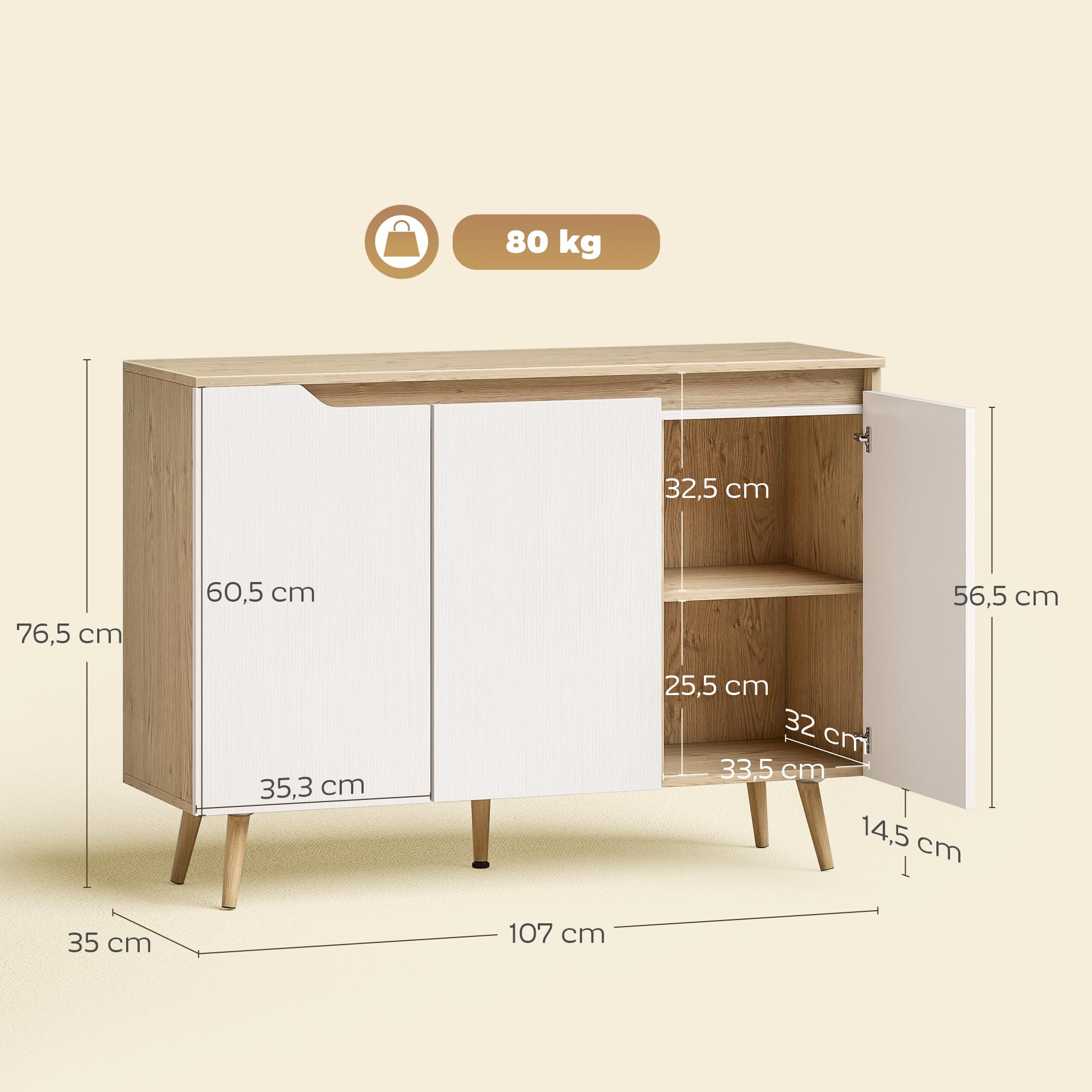 HOMCOM Buffet Salon 2 Étagères Réglables 107 x 35 x 76,5 cm Blanc et Chêne