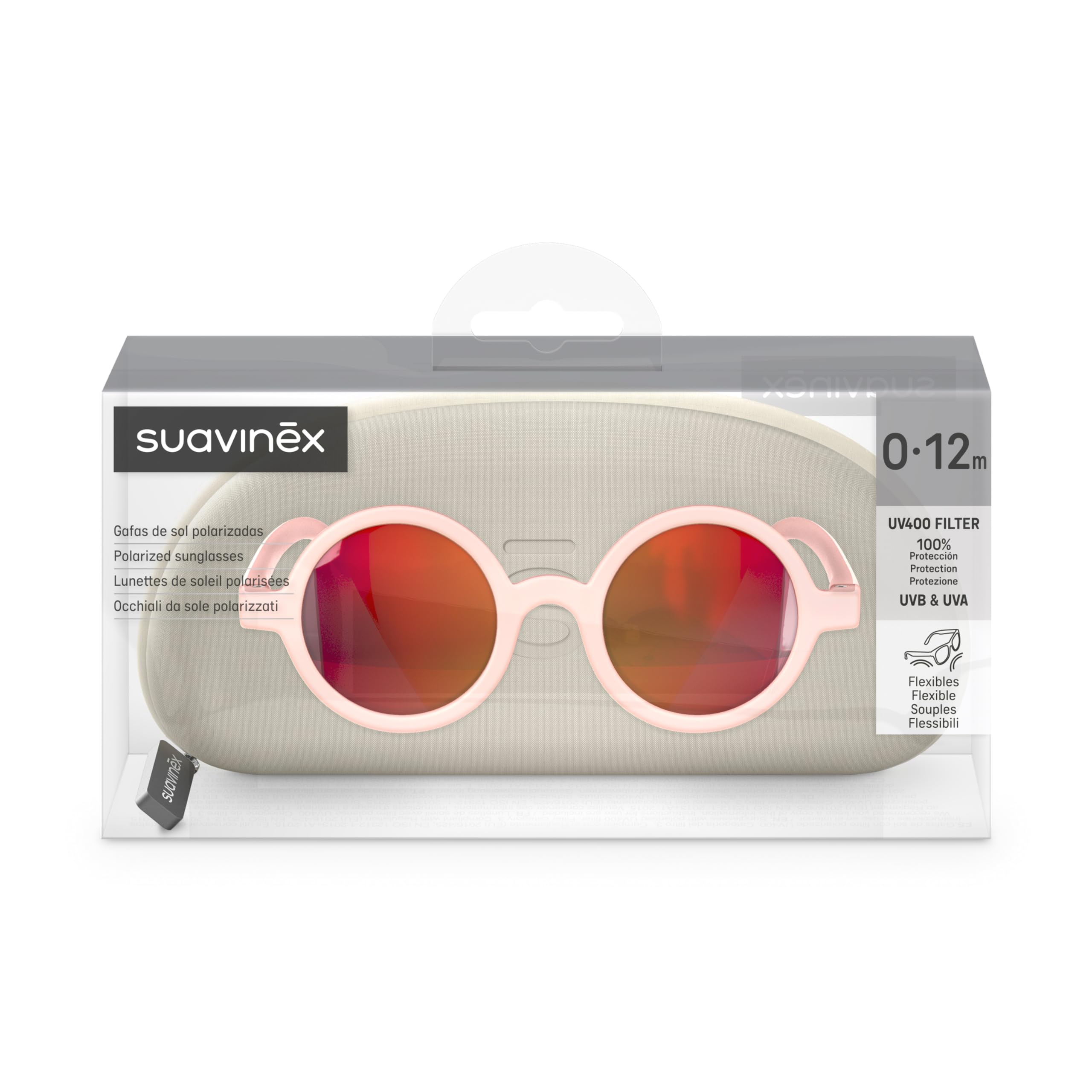 SUAVINEX, Sonnenbrille für Babys 0-12 Monate, Neugeborene, Polarisiert, mit UV 400 Filter, 100 Prozent UVA- und UVB-Schutz, mit Schutzhülle, sehr Flexibel und Leicht, Runde Form, Pink