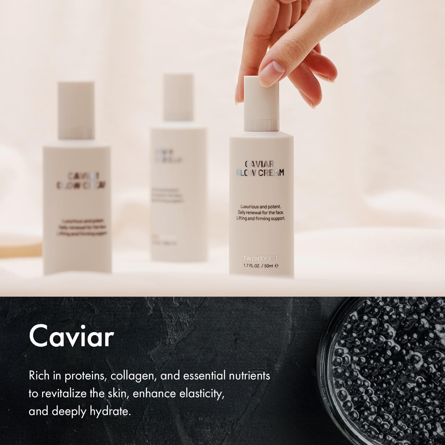 Caviar Glow Cream, Korean Firming Moisturizer with Caviar Extract & Peptides, Hydrating Face Cream for Dry, Mature-Looking Skin, Nourishing Daily Cream, 1.7 Fl Oz