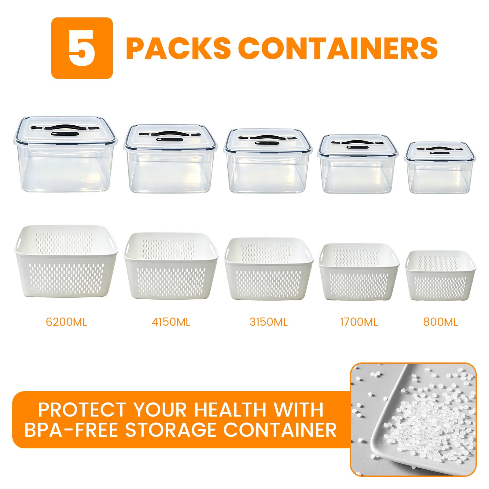 Juego de 5 recipientes herméticos para frutas y verduras, cajas de almacenamiento con tapa y colador, recipientes herméticos a prueba de fugas para guardar frutas