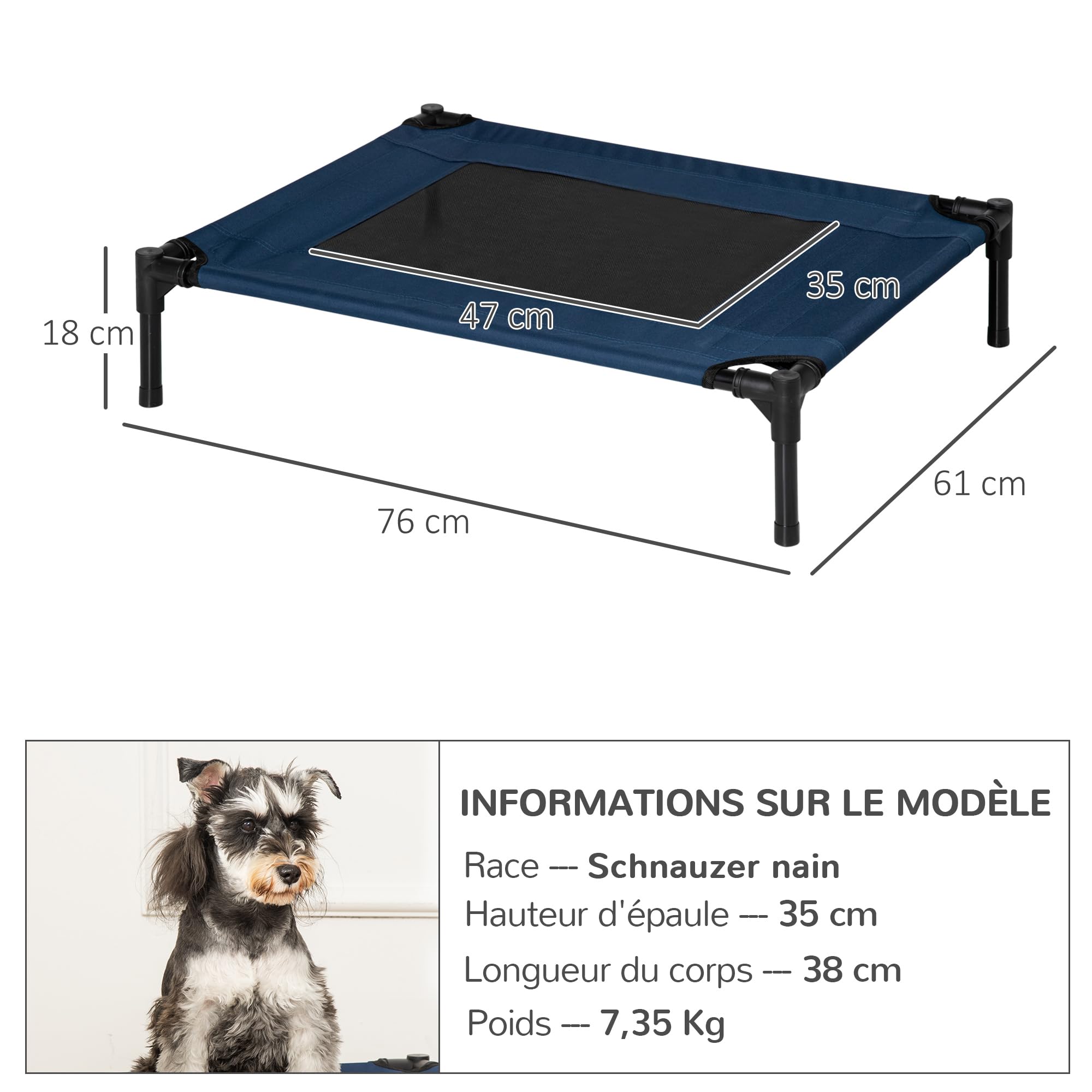 PawHut Lit pour Chien Chat lit de Camp Grand Confort sur Pieds Tissu Oxford textilène Micro-perforé 76L x 61l x 18H cm Bleu Marine Noir