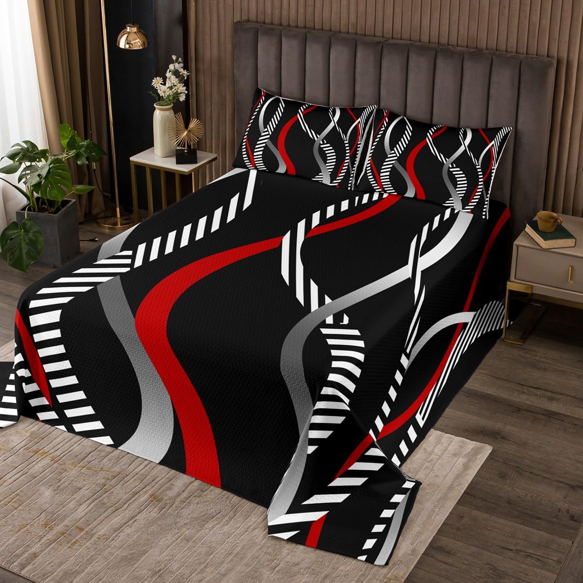 Manfei Geometric Stripe Bedspread King Size, Red Grey White Wavy Stripe Coverlet Set 3pcs, Abstract Geometry Quilted Coverlet with 2 Pillowcases, Kids Girls Room Decor, Soft Bedding Quilt