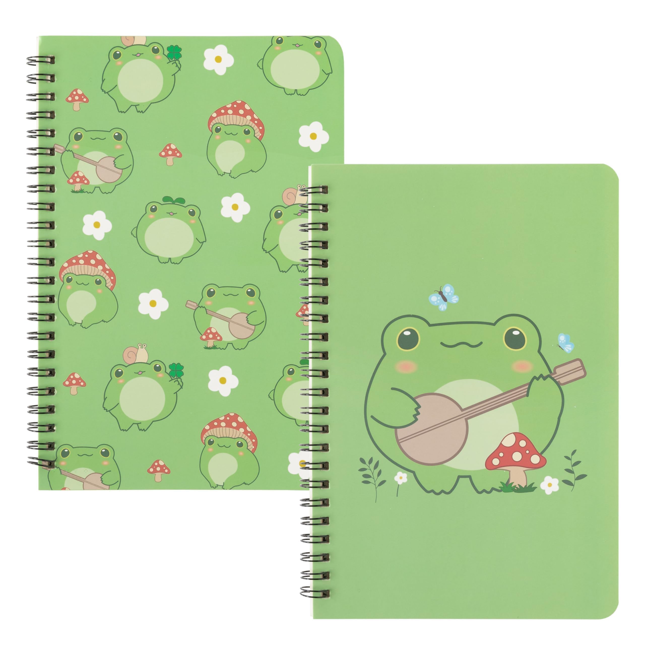 L1rabe 2 A5 Frog Spiral Notebooks Cute Frog Playing Banjo Mushroom College Ruled Hardbound Notebooks, Travel Journal Diary Notepad for Kids Teens, Christmas New Year Gifts for Students Teachers — image 1