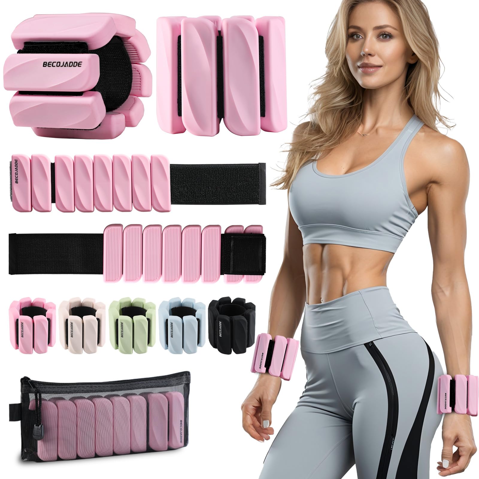 BECOJADDE Ankle Weights for Women Men Set of 2 (0.45 Kg Each) Adjustable Wrist Weights Bracelet for Home Gym Weighted Wristbands Leg Arm Weights for Walking Swimming Running Pilates Yoga Pink
