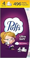 Puffs Ultra Soft Facial Tissues, 4 Family Boxes (124 Sheets Each) - Cushiony Soft, 2X Stronger Wet, Lotion-Free Nose Relief