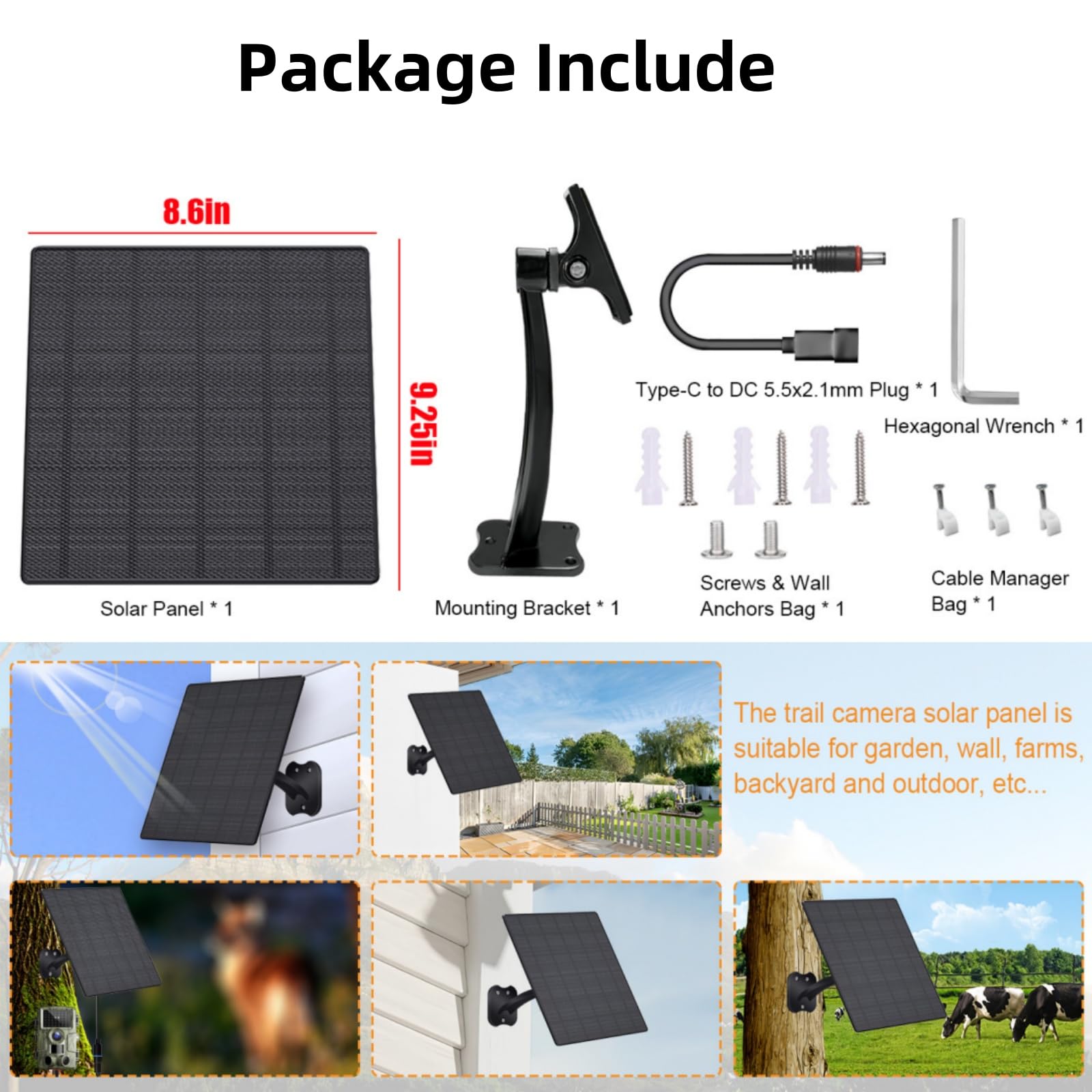 Panneau solaire 10 W pour caméras de sécurité IP66 étanche avec câble de 3 m USB C et ports CC 5,5 x 2,1 mm Support réglable pour caméra extérieure