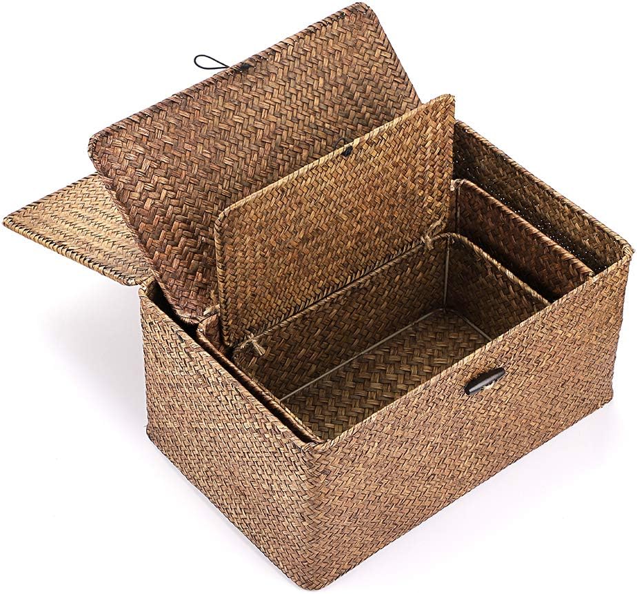 Hipiwe Set of 3 Natural Seagrass Storage Baskets with Lid - Large Handwoven Wicker Storage Bins Rectangular Household Organizer Boxes Shelf Wardrobe Organizer, Coffee