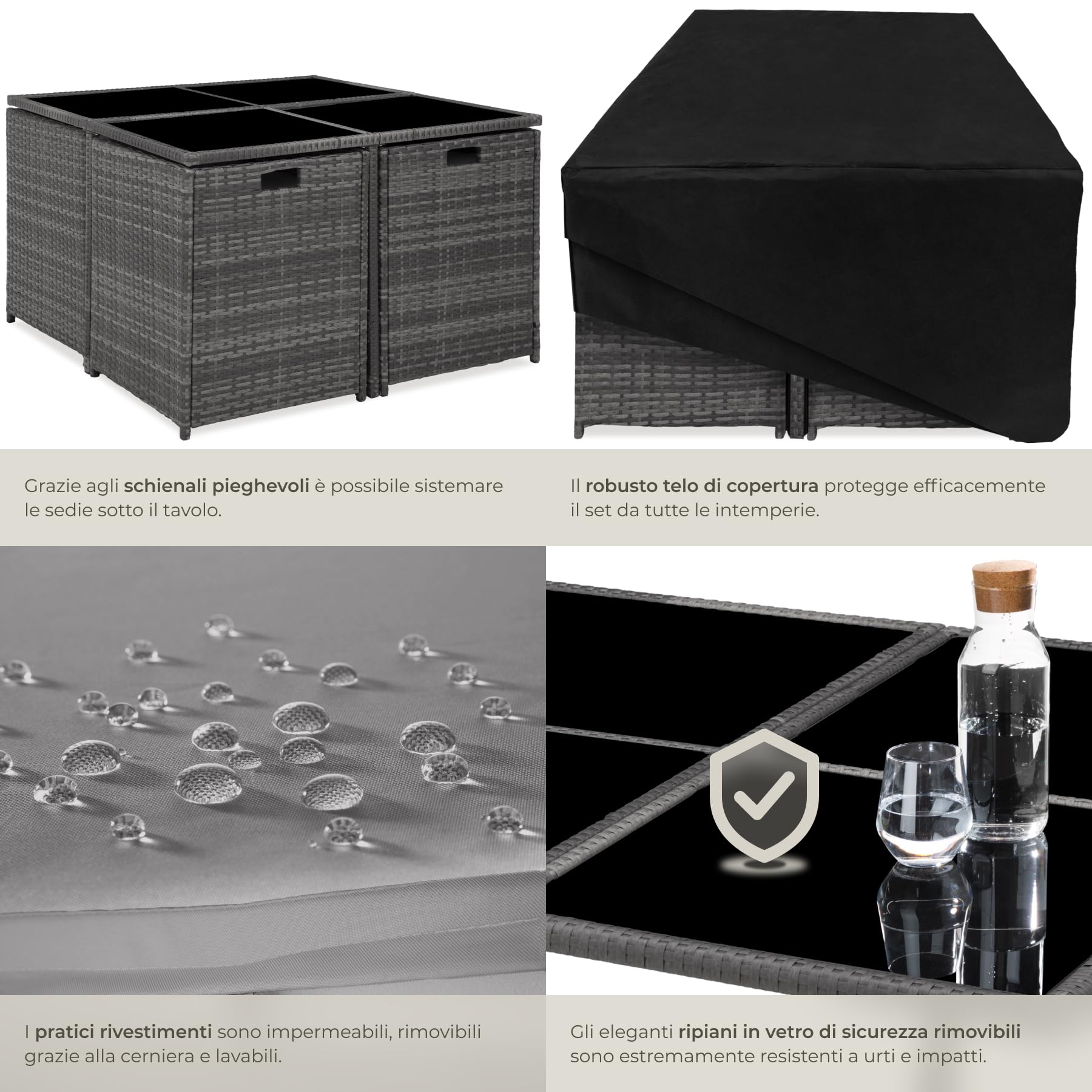 Set Mobili Rattan Bilbao 4 Sedie 4 Sgabelli Tavolo Acciaio Poly Rattan Giardino Terrazzo Grigio