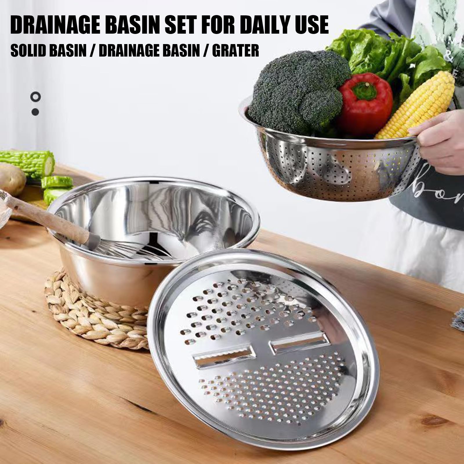 Set di 3 pezzi multiuso in acciaio inox per tagliare le verdure e scolapasta per la cucina domestica