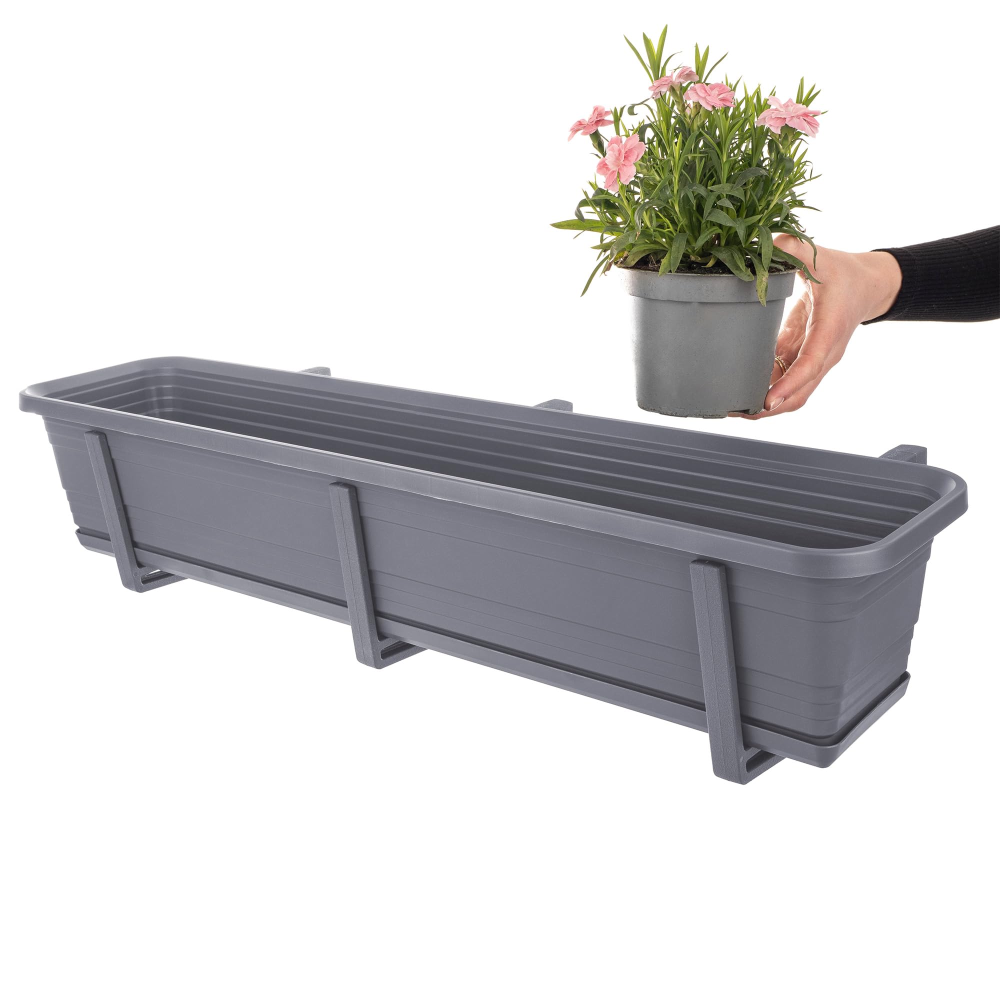 KADAX Jardinera con platillo en juego, con o sin soportes para jardineras, maceta de plástico para balcón, jardinera, barandilla, maceta (antracita, 80 cm + soportes), K10028