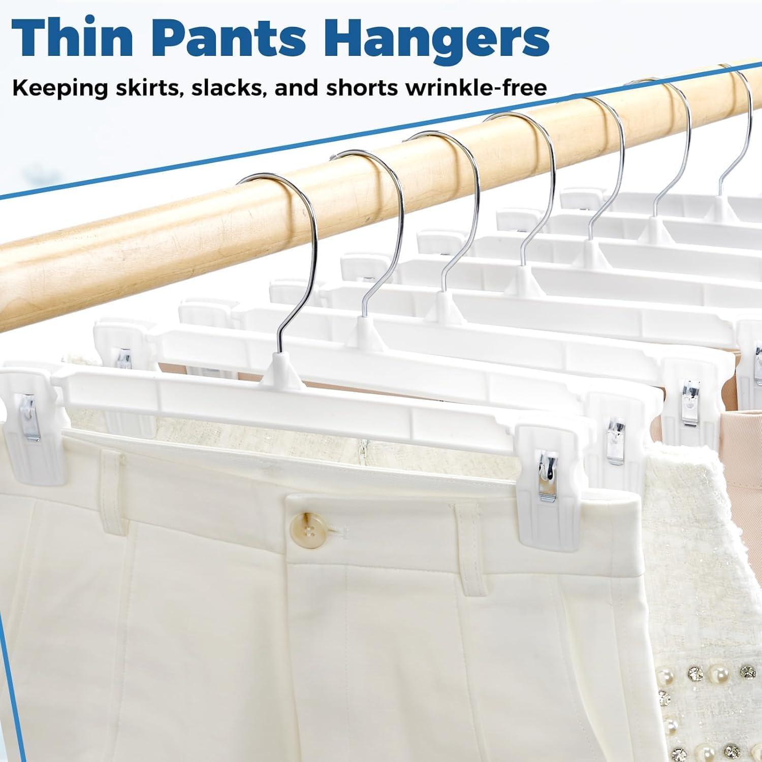 Smartor Skirt Hangers with 360° Swivel Hook, 150 Pack White Pants Hangers for Skirts, Shorts, Jeans & Slacks, Space-Saving Closet Organizer with Strong Grip Clips, 12 Inch
