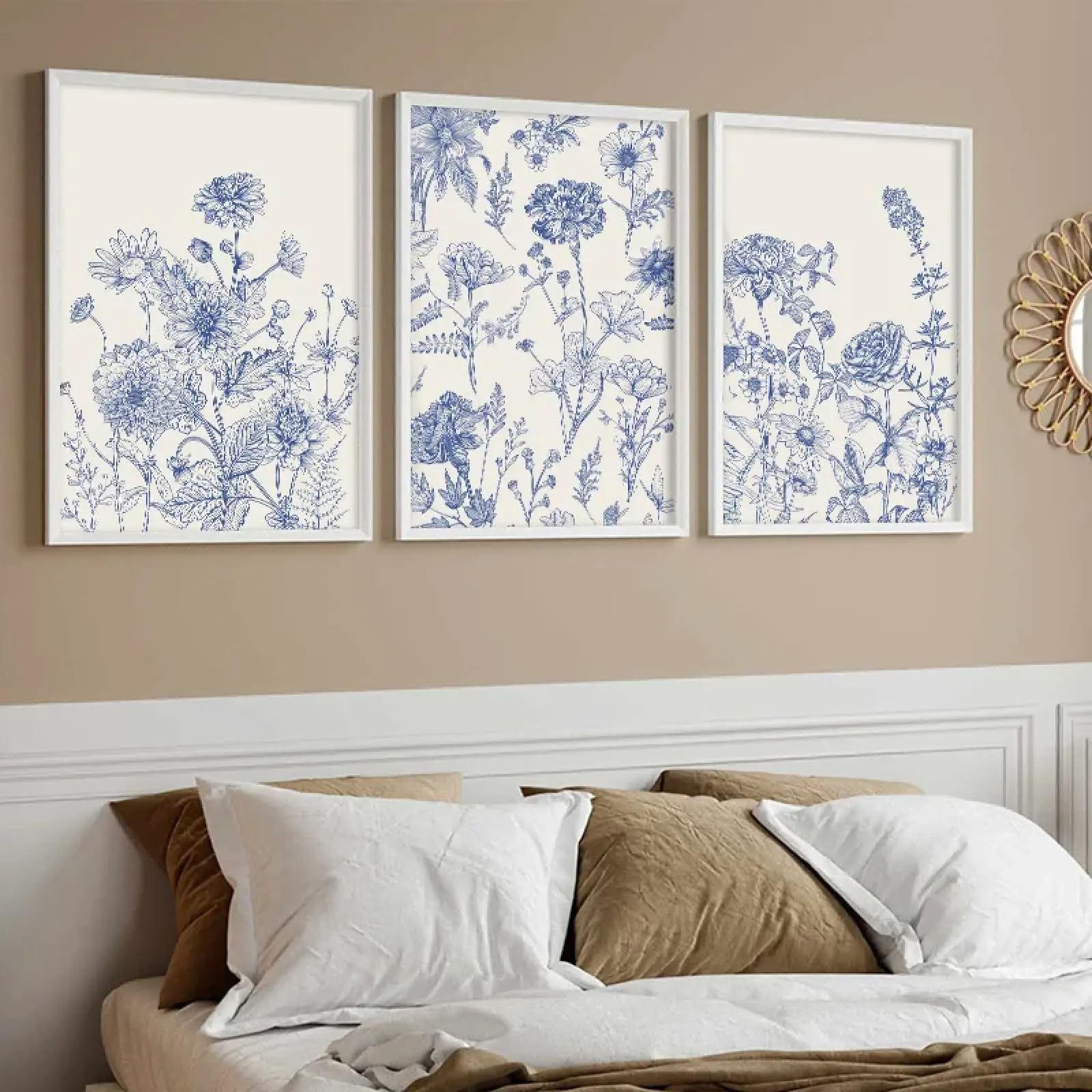 Art mural botanique bleu triptyque grand format pour chambre à coucher - 8