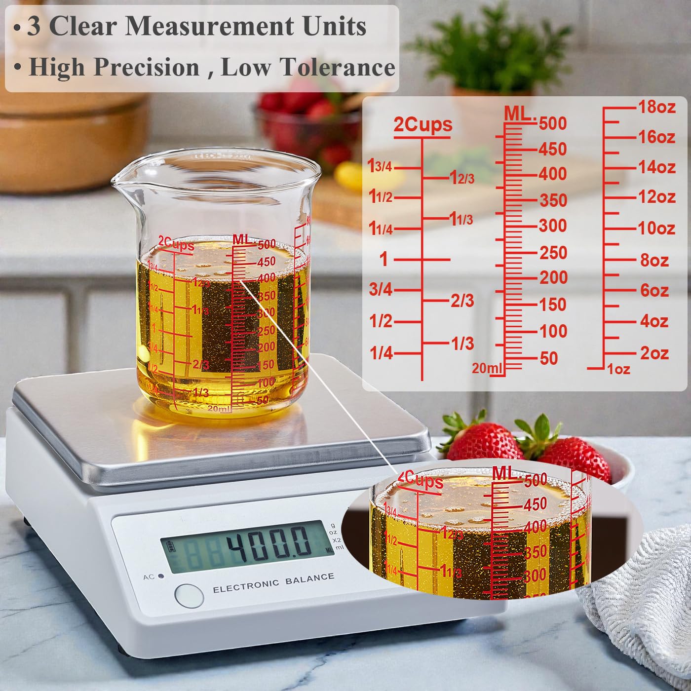 Vaso medidor de vidrio de borosilicato alto, boquilla en forma de V, vaso medidor de vidrio para cocina o restaurante, fácil de leer, 500 ml (16 onzas, 2 tazas)