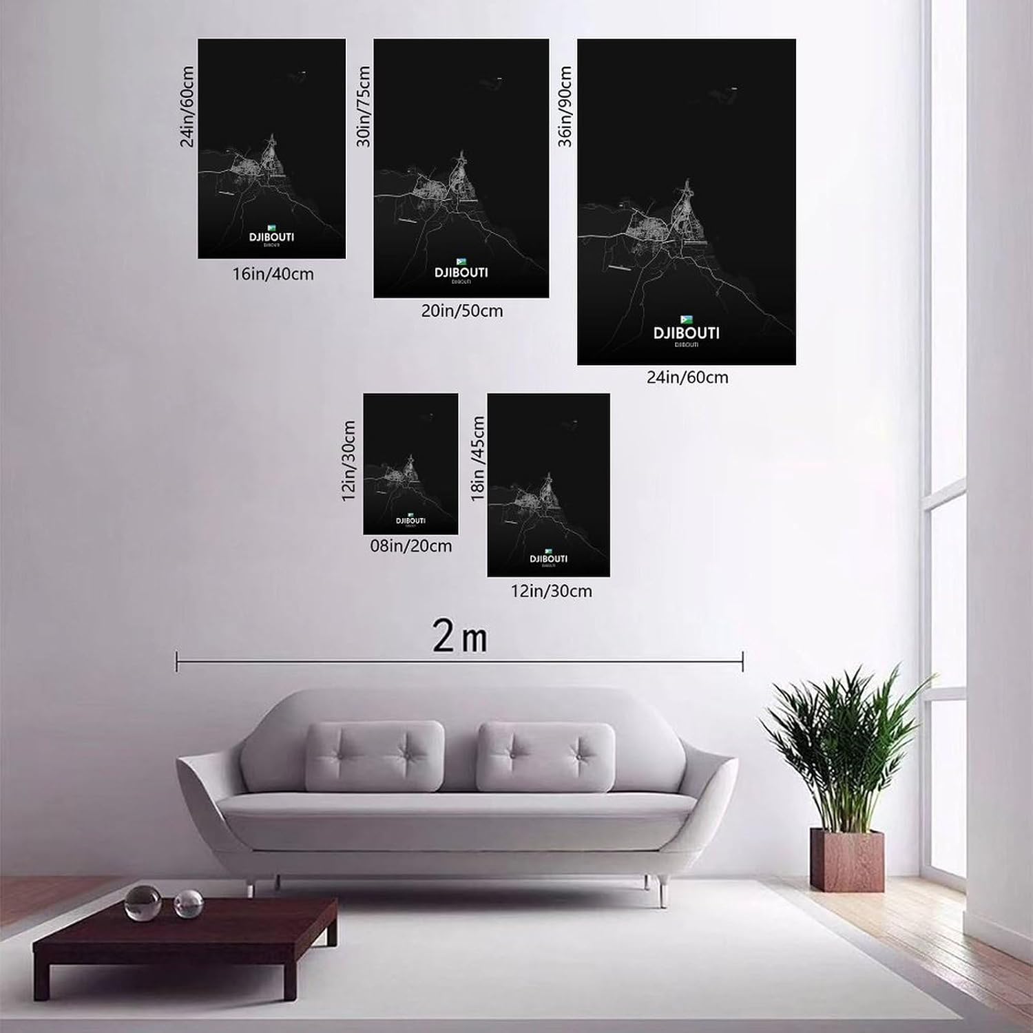 CFIOZYOS Black And White Map Djibouti DJ Print Black Minimalist City Line Map Living Room Decor Canvas Poster Wall Art Frame 16x24inch(40x60cm)