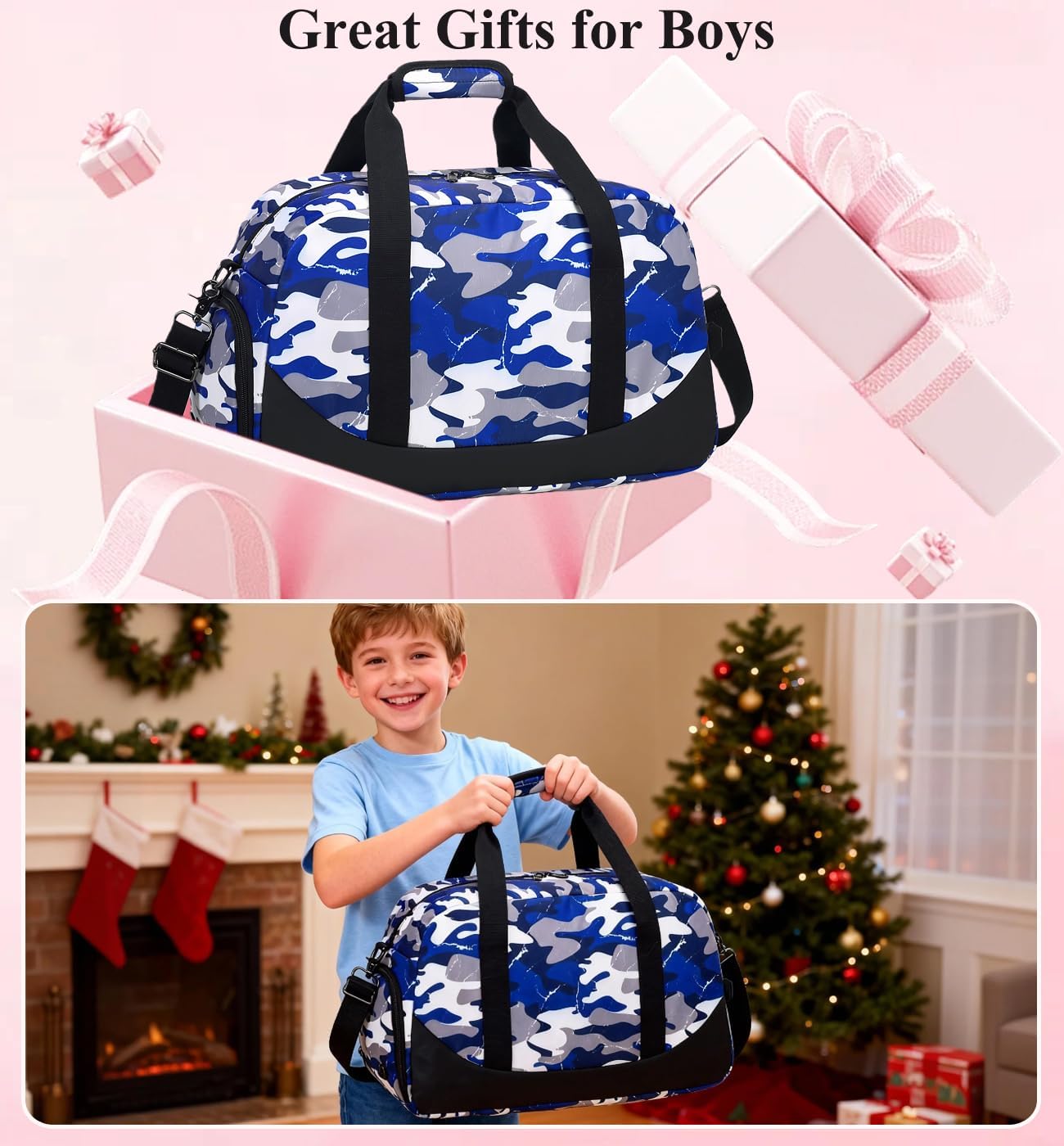 DSIUE Boys Duffle Bag Sports Gym Bag Overnight Weekender Travel Duffel Bag With Shoe Compartment (Camo Blue) - Image 3